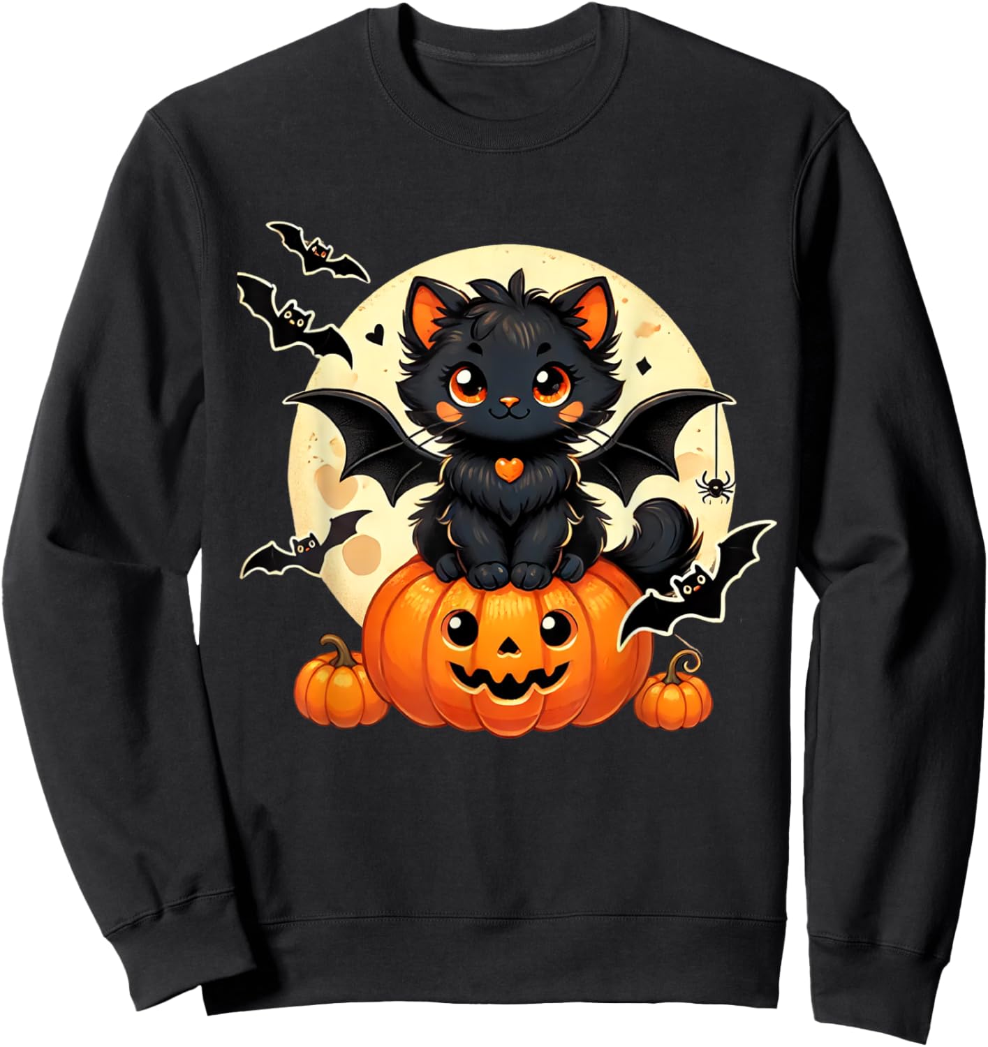 Cute Black Cat With Bat Wings Pumpkin Women Men Halloween Sweatshirt - Sweatshirt | Black