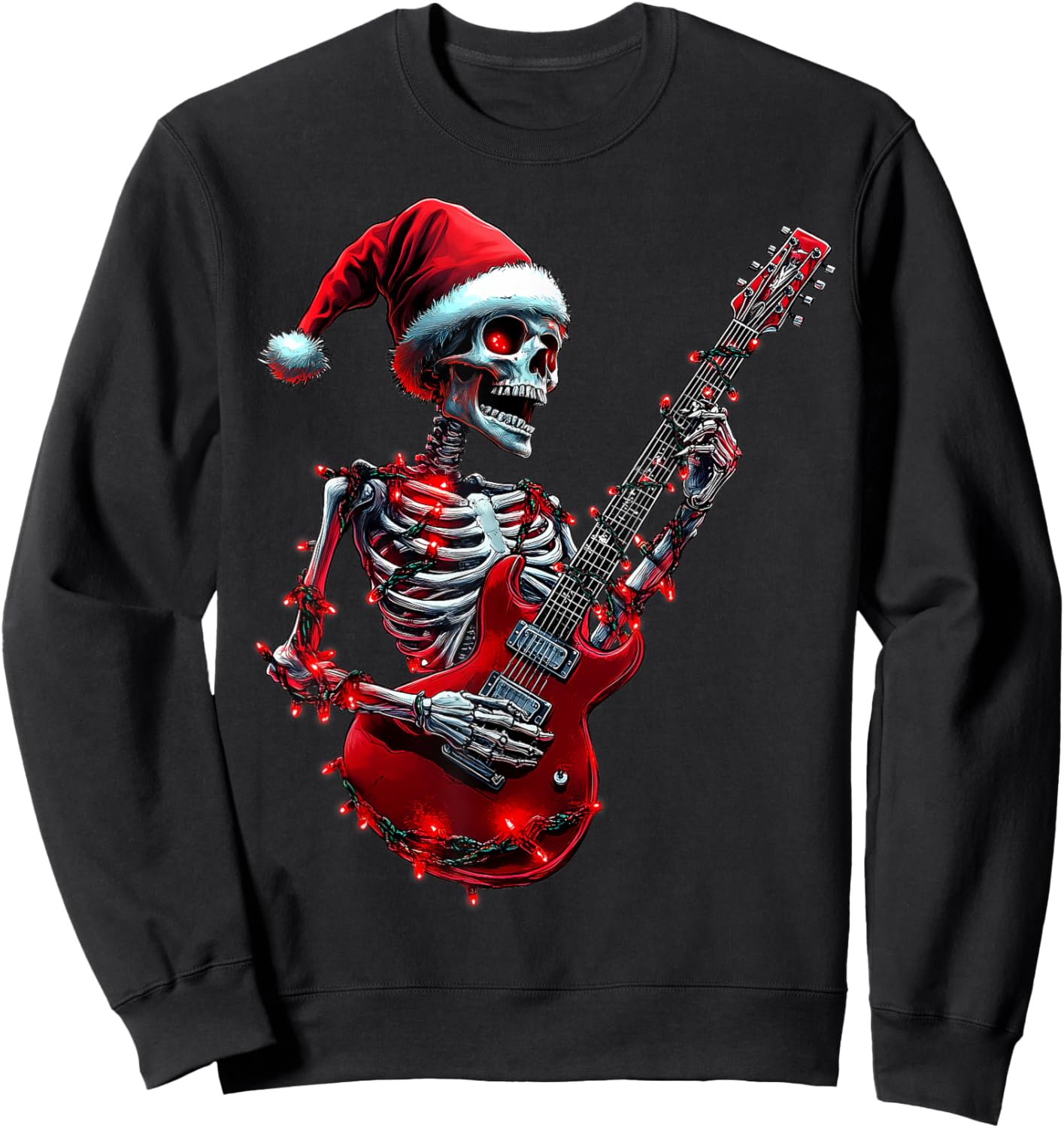 Christmas Skeleton Skull Playing Guitar Rock & Roll Music Sweatshirt - Sweatshirt | Black