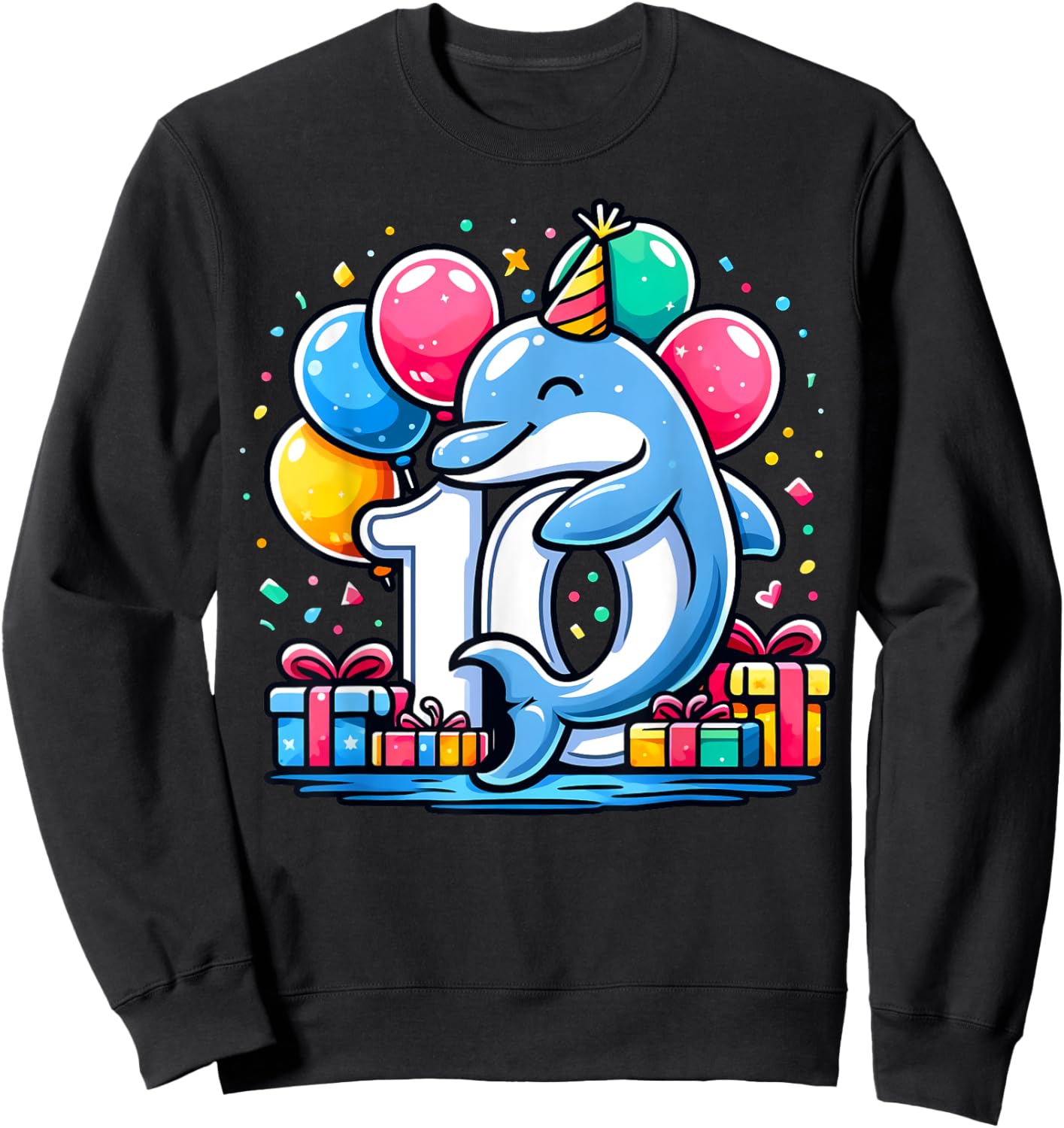 Kids Dolphin Theme tenth Bday Party 10th Dolphin Birthday Sweatshirt - Sweatshirt | Black