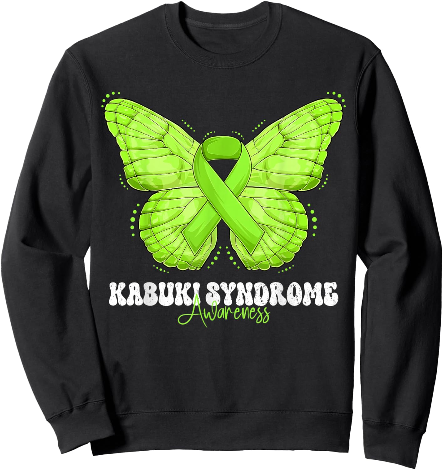 Kabuki Syndrome Awareness Month Lime Green Ribbon Butterfly Sweatshirt - Sweatshirt | Black
