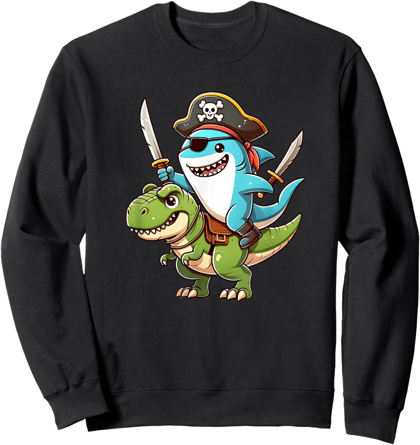Funny shark ride T Rex in a Pirate Costume Sweatshirt - Sweatshirt | Black