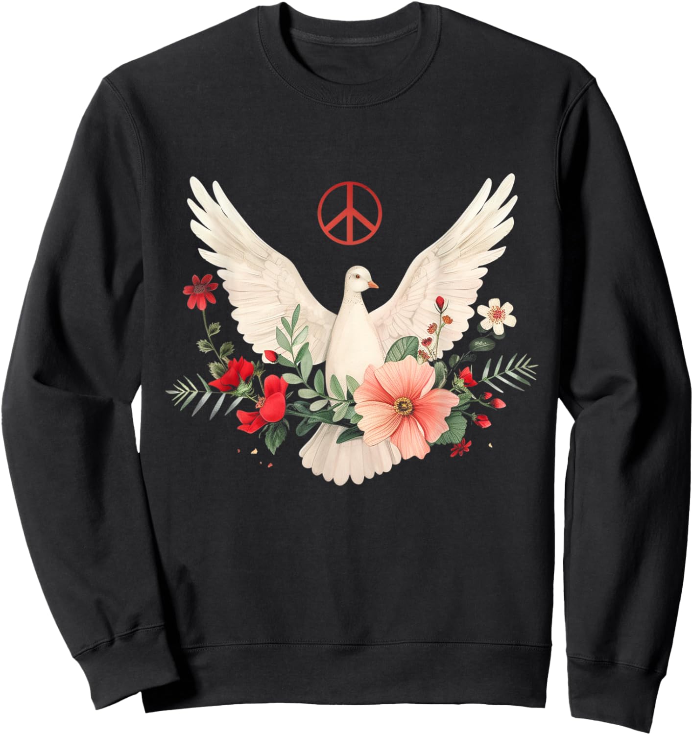 Peace Sign Dove White Pigeon Bird Vintage Flowers Sweatshirt - Sweatshirt | Black