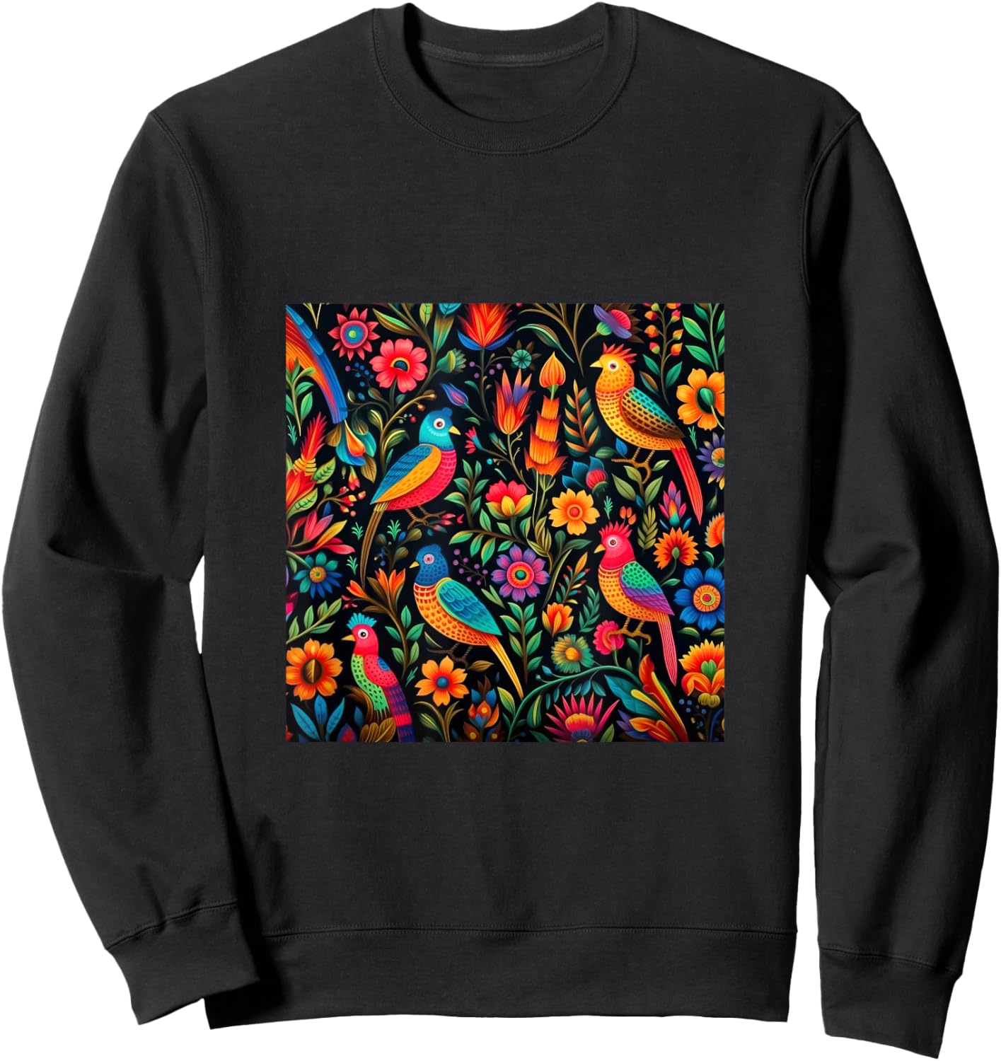 Mexican Embroidery Pattern Art Birds Flowers Sweatshirt - Sweatshirt | Black