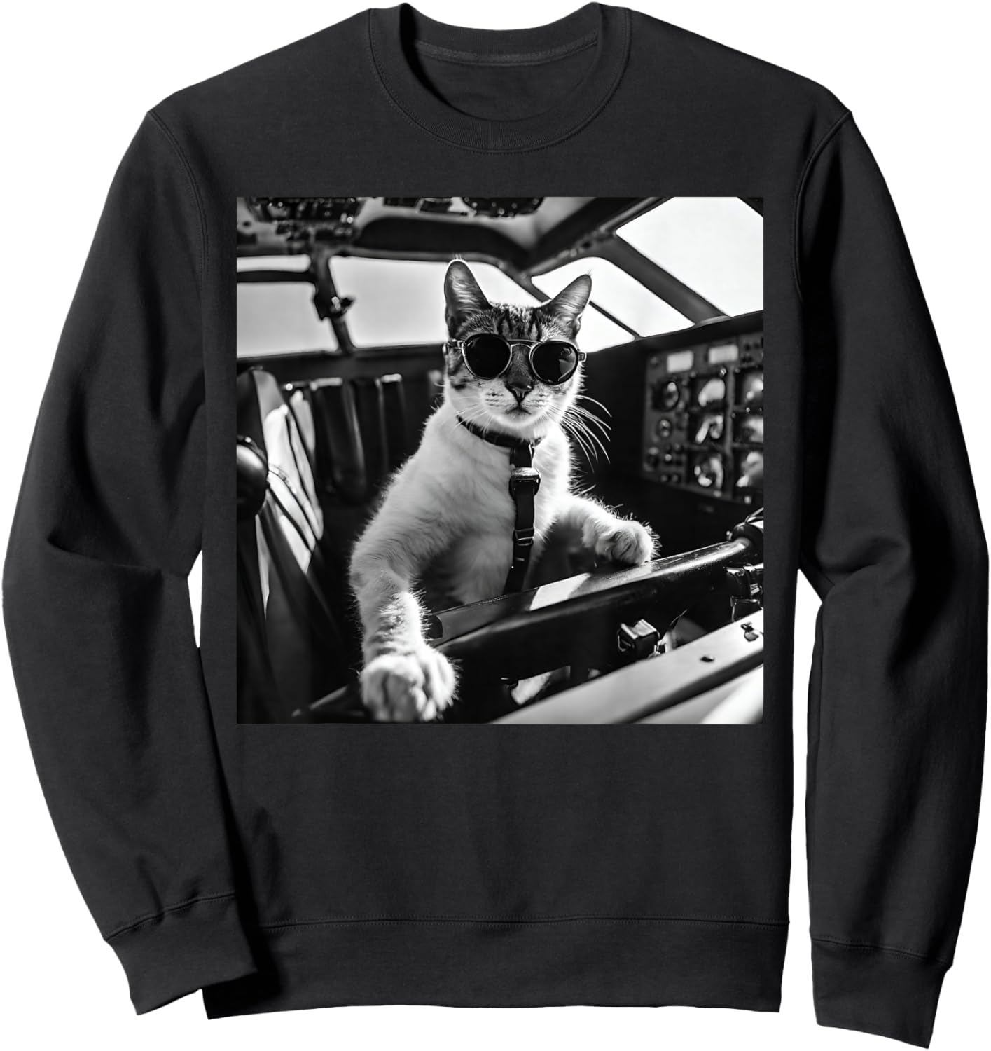 Funny Pilot Cat Wearing Sunglasses Flying A Plane Sweatshirt - Sweatshirt | Black