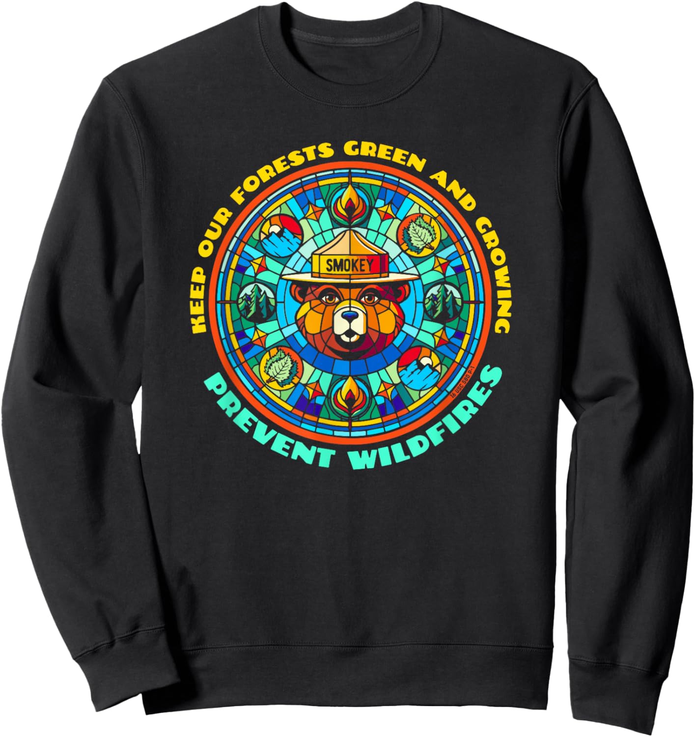 Smokey Bear Stained Glass Art Prevent Wildfires Retro Sweatshirt - Sweatshirt | Black