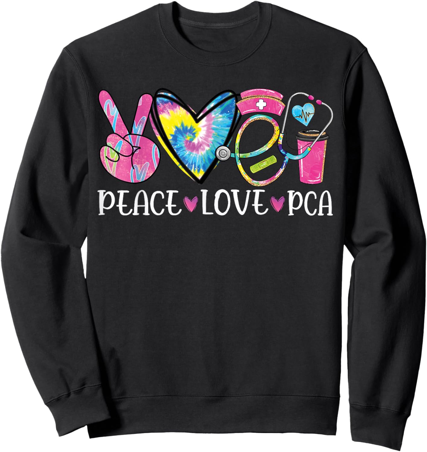 funny pca design Women's Black, Multicolor Heart Stethoscope Design - Small - Short Sleeve - Classic Fit - Cotton Blend - Christmas, Birthday - Women's Nursing PCA Nurse Sweatshirt - Sweatshirt | Black