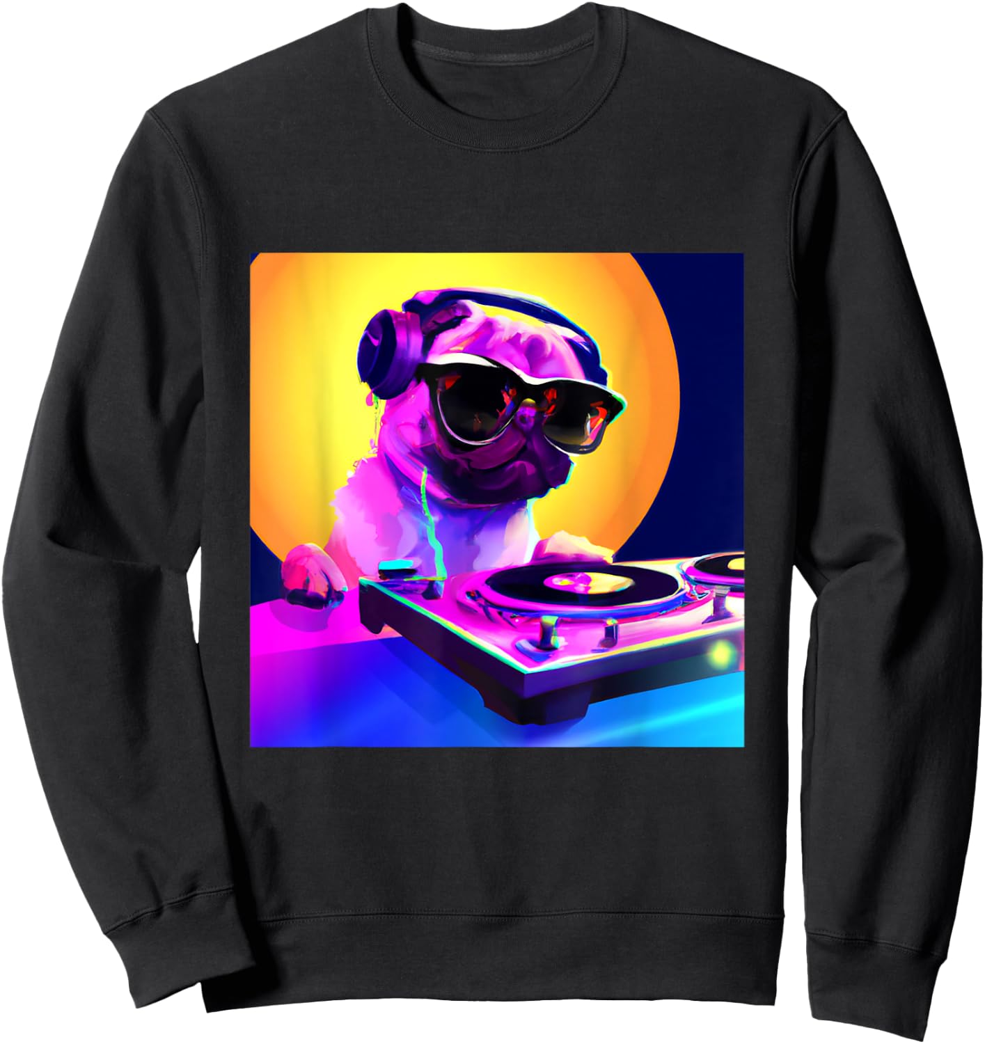 Pug DJ Vaporwave Shirt Aesthetic Dog Men Women Boys Girls Sweatshirt - Sweatshirt | Black