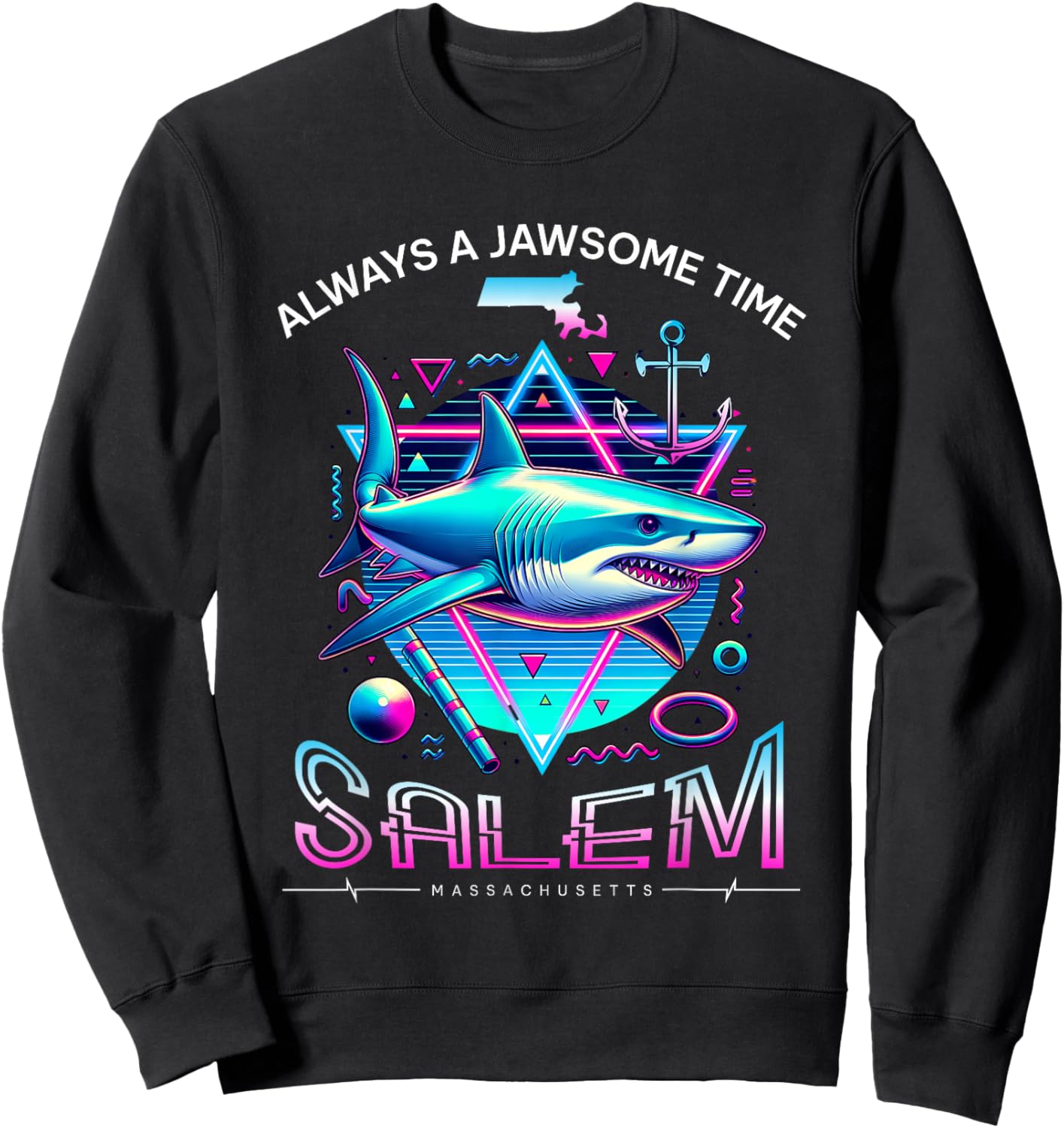 Salem MA Shark Retro 80s Funny Souvenir Sweatshirt - Sweatshirt | Black