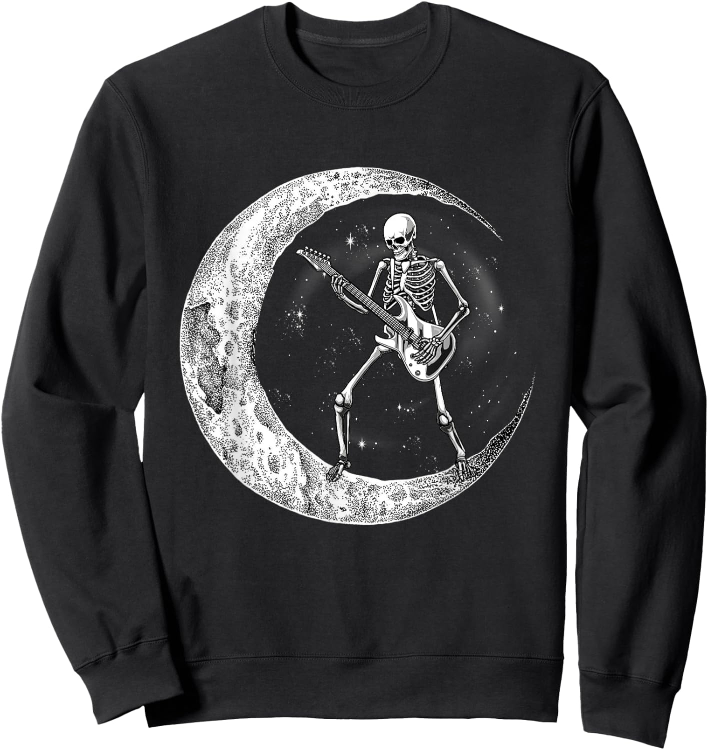 Skeleton Moon Rock & Roll Musician Guitar Lover Halloween Sweatshirt - Sweatshirt | Black