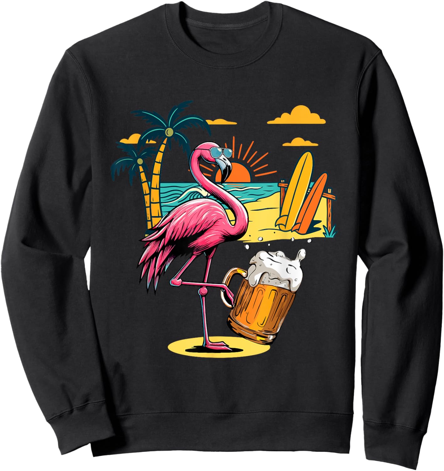 Flamingo Sunglasses Drinking Beer On Beach Funny Summer Sweatshirt - Sweatshirt | Black
