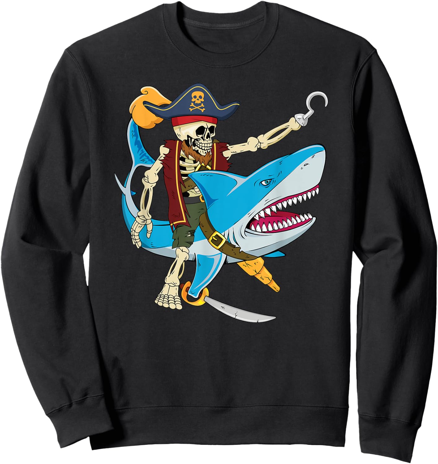 Skeleton Pirate Riding Shark Halloween Kids Boys Sweatshirt - Sweatshirt | Black