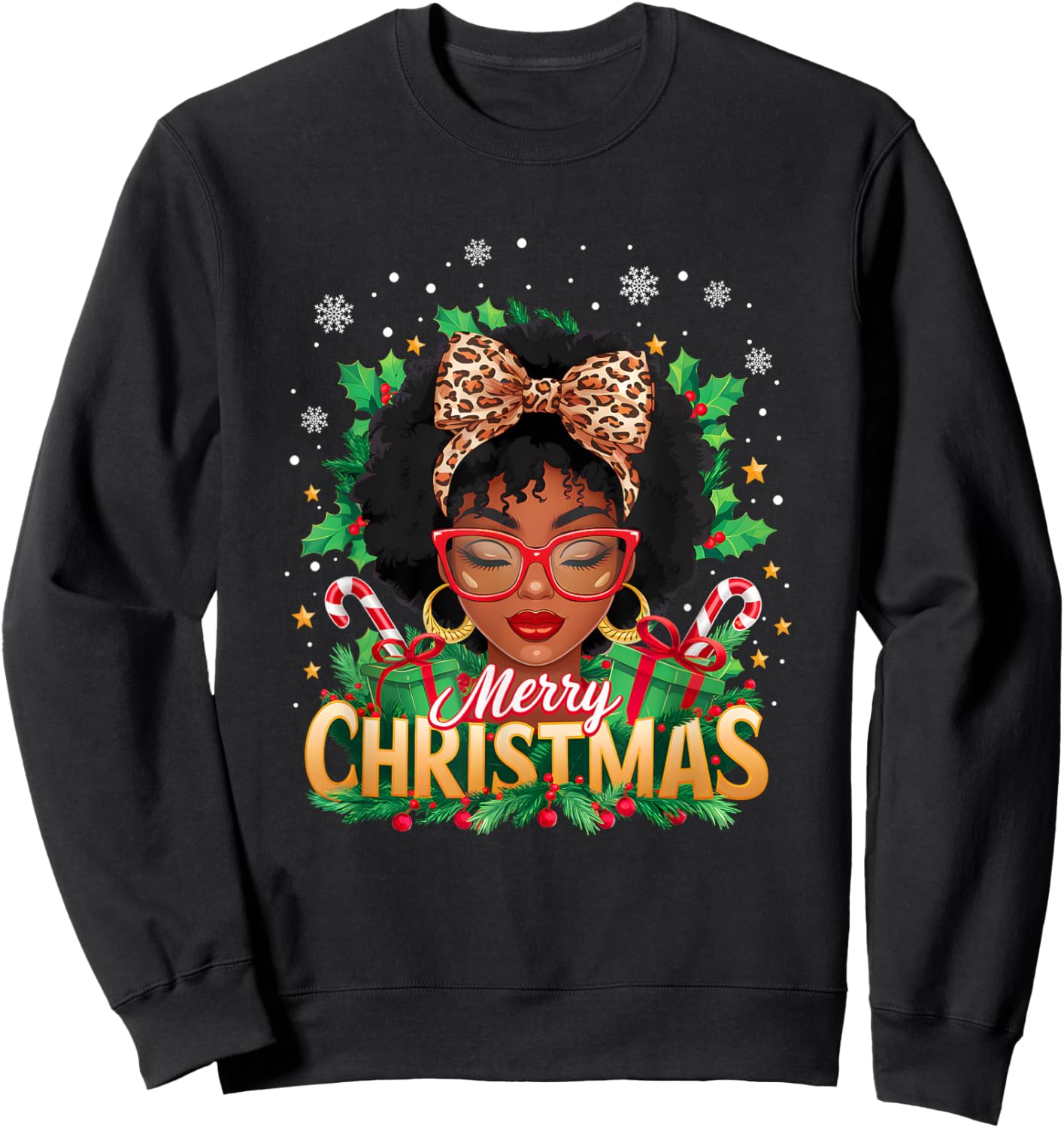 Merry Christmas African American Black Women Afro Messy Bun Sweatshirt - Sweatshirt | Black