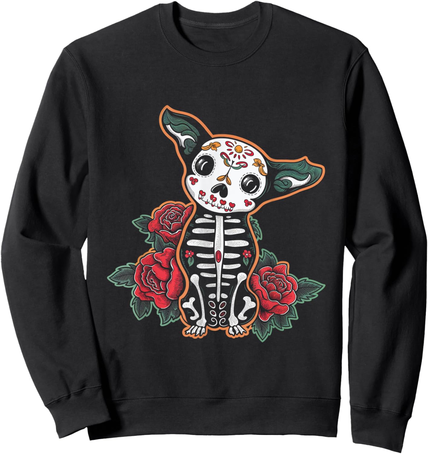Calavera Chihuahua Skeleton Floral Colorful Art Sweatshirt - Sweatshirt | Black