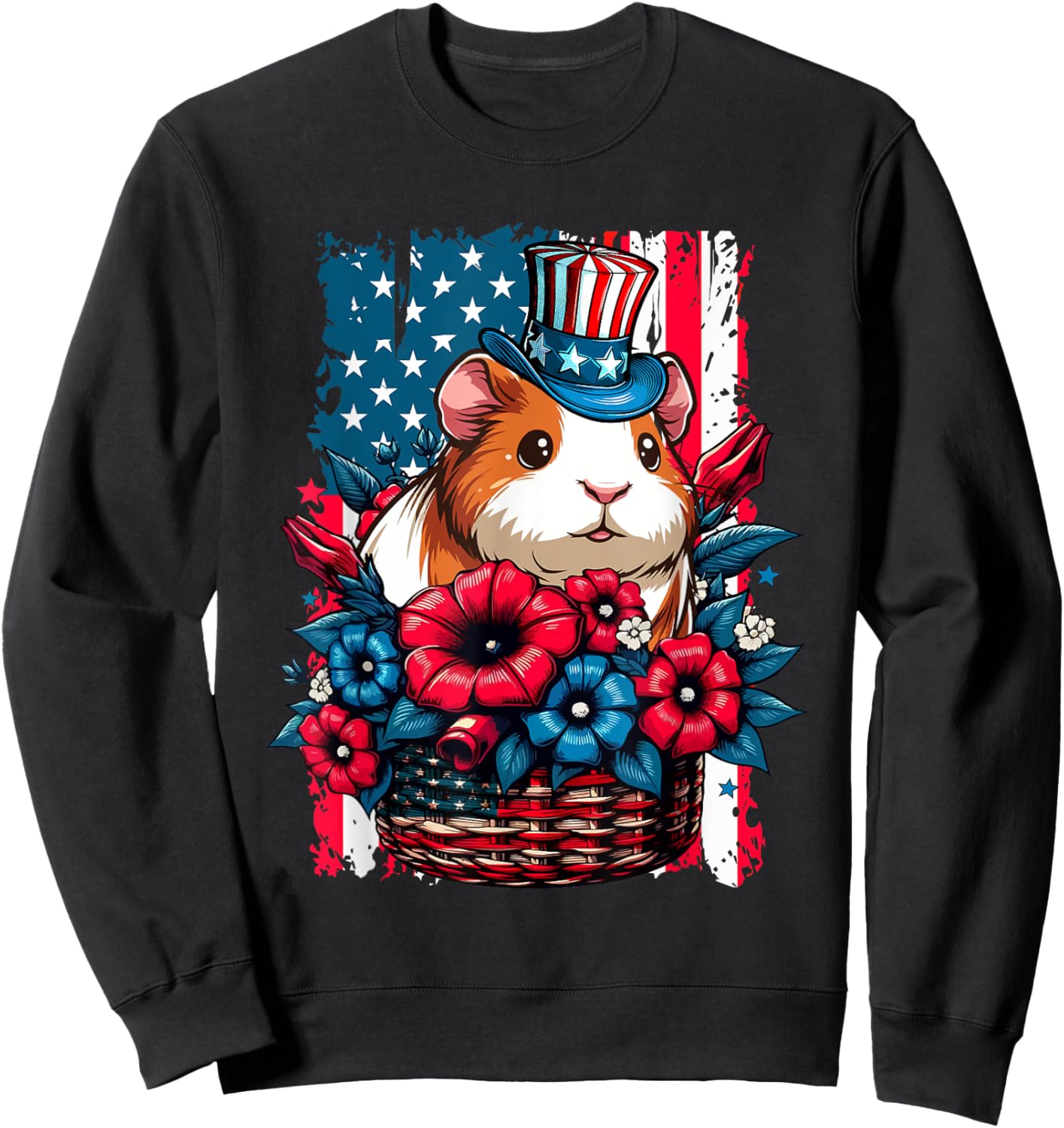Guinea Pig Inside Flowers Basket 4th July US Flag Patriotic Sweatshirt - Sweatshirt | Black