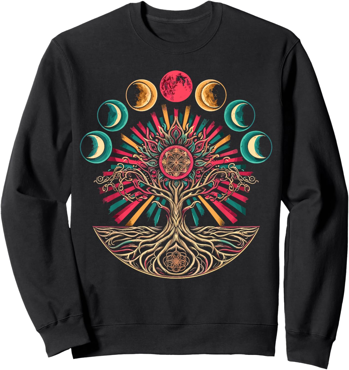 Phases of the Moon Retro 60's 70's Vibe Tree Sweatshirt - Sweatshirt | Black