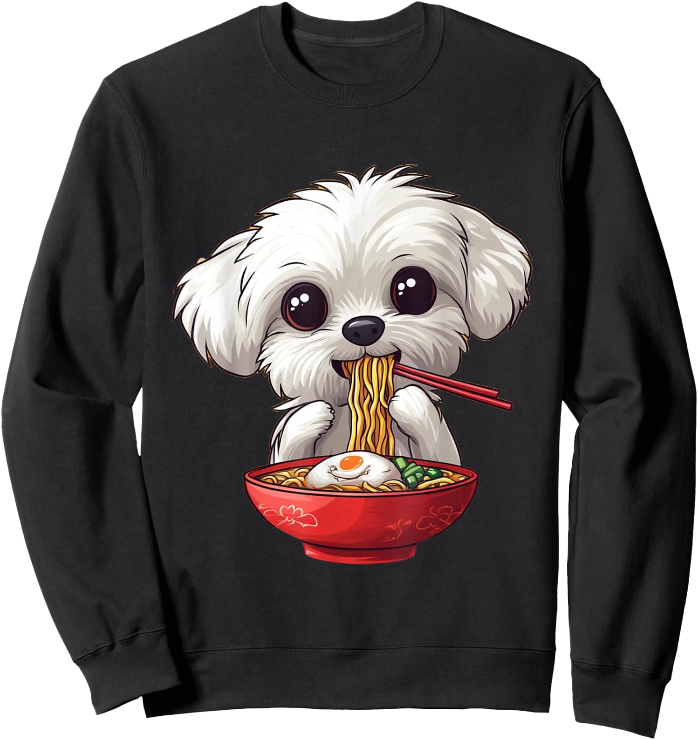 Cute Maltese Dog Eating Ramen Men Women Boys Girls Sweatshirt - Sweatshirt | Black