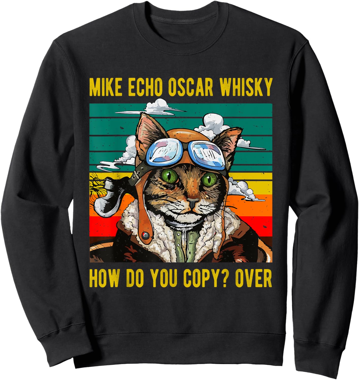 Mike Echo Oscar Whisky Cat Funny Cat's Pun Pilot Vintage Women Sweatshirt - Sweatshirt | Black