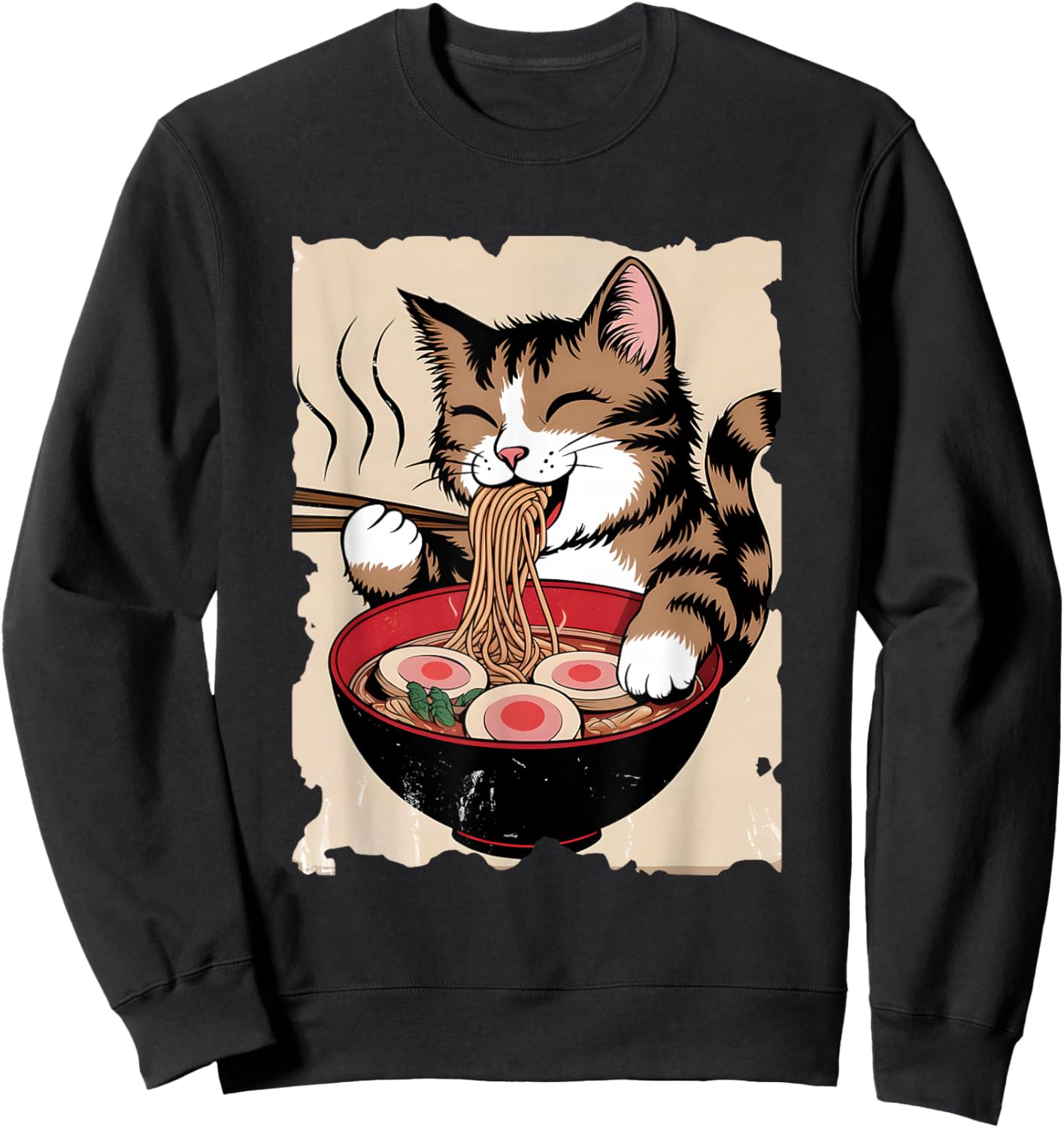 Retro Ramen Apparel Gifts Cat Eating Ramen - Funny Noodle Soup Lover Kawaii -Adults Black Small Sweatshirt - Sweatshirt | Black