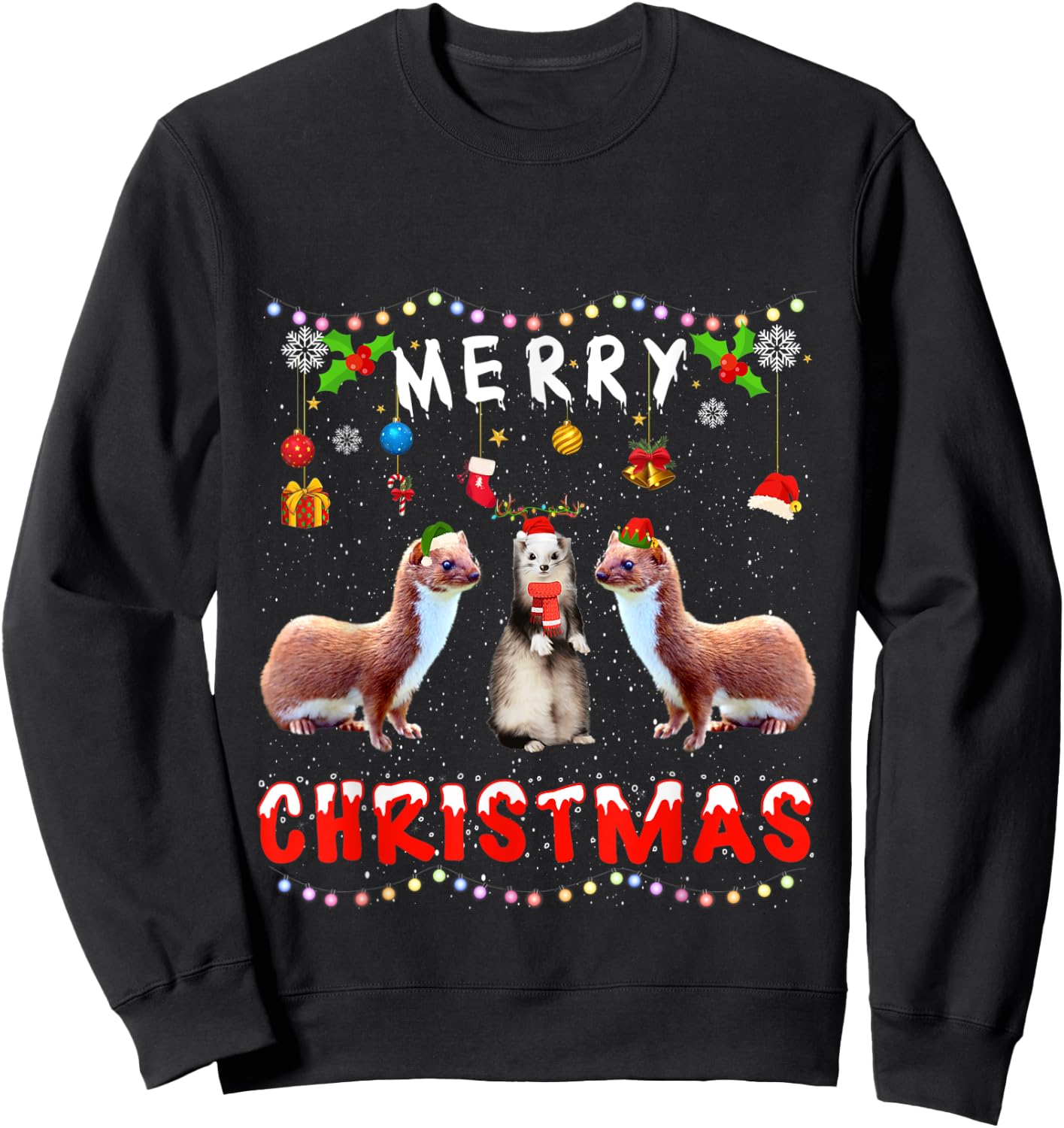 Merry Christmas Weasel Xmas Funny Animals Pajama Sweatshirt - Sweatshirt | Black