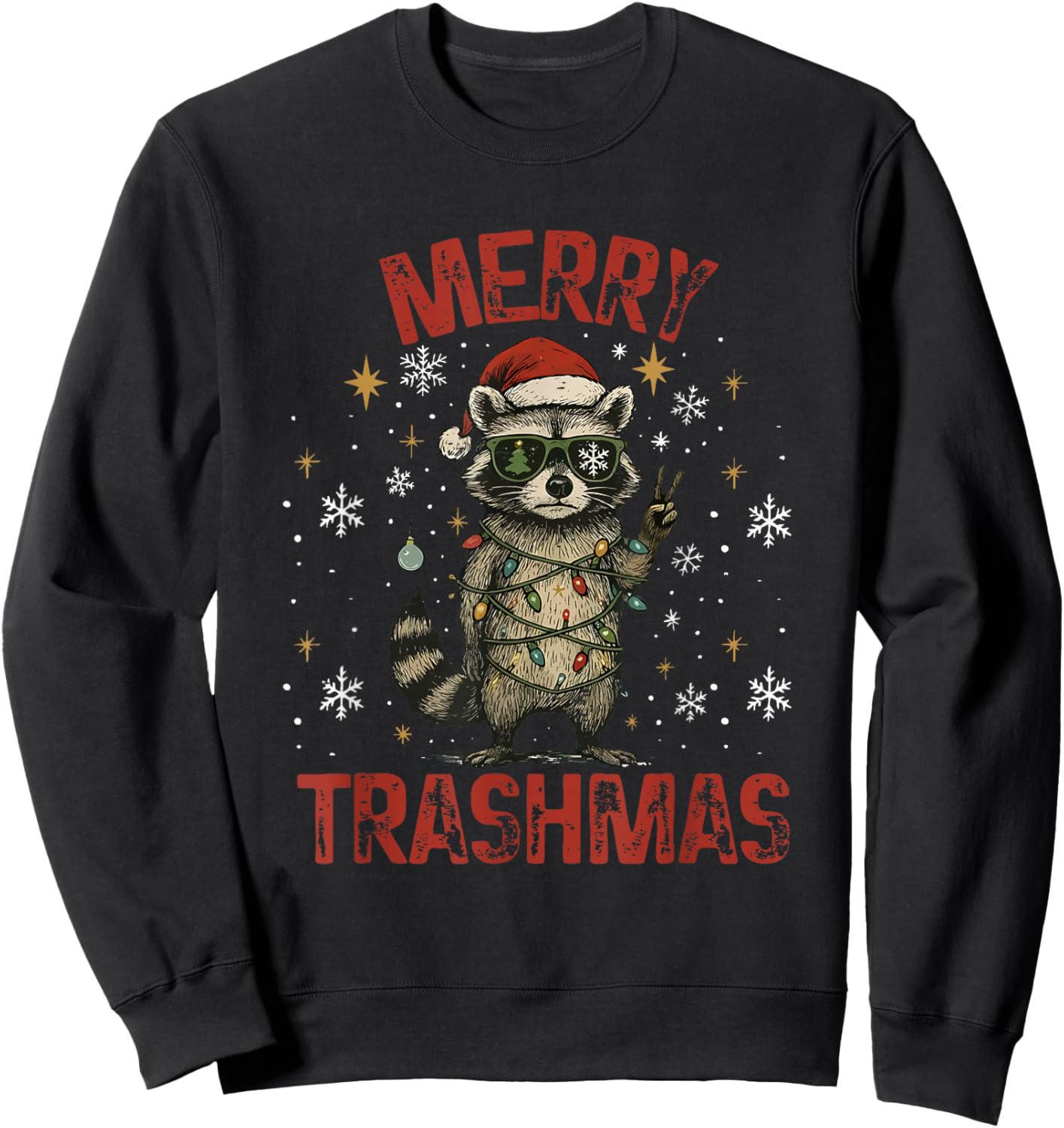 Merry Trashmas Raccoon Christmas Lights Funny Xmas Holiday Sweatshirt - Sweatshirt | Black