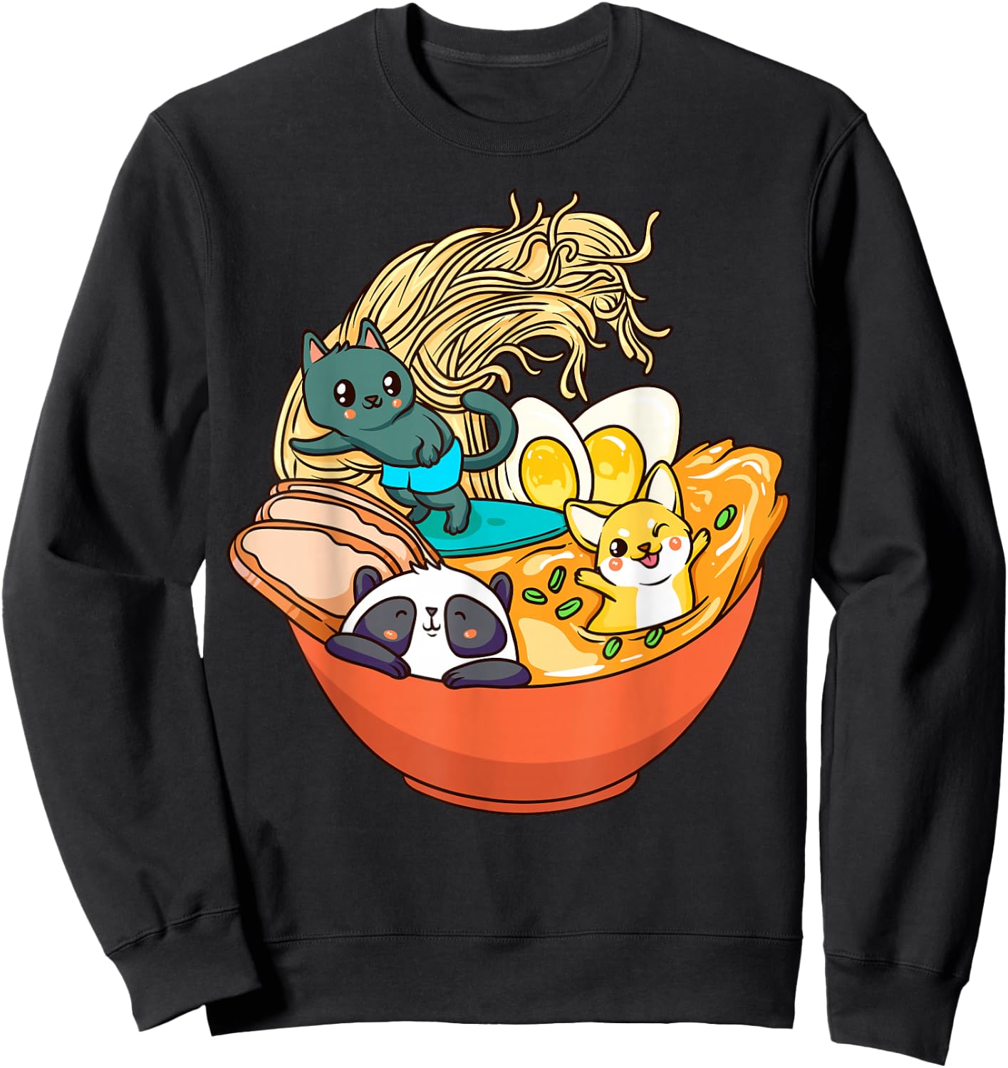 Cute Kawaii Cat Ramen Bowl Japanese Anime Panda Dog Noodle Sweatshirt - Sweatshirt | Black