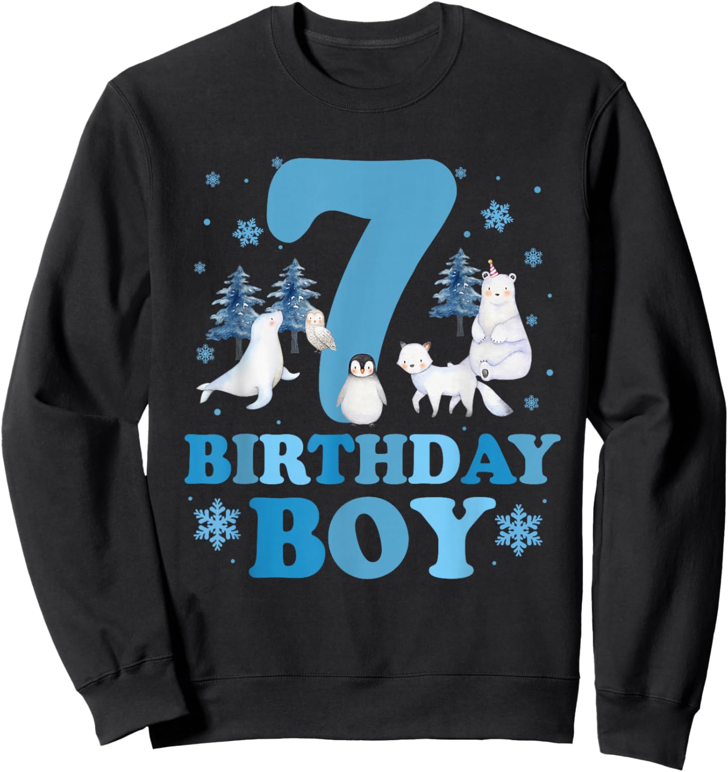 Winter 7th Birthday Boy Arctic Animals 7 Year Old Birthday Sweatshirt - Sweatshirt | Black