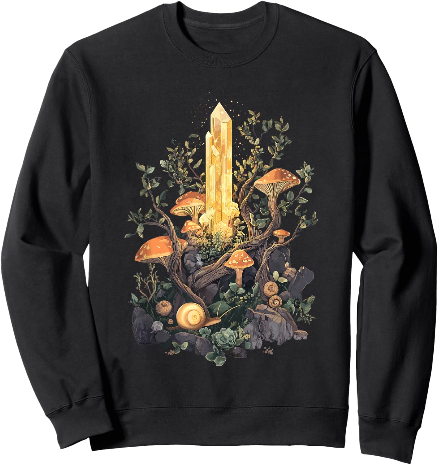 Crystal with Forest Mushrooms and Snails - Goblincore Sweatshirt - Sweatshirt | Black