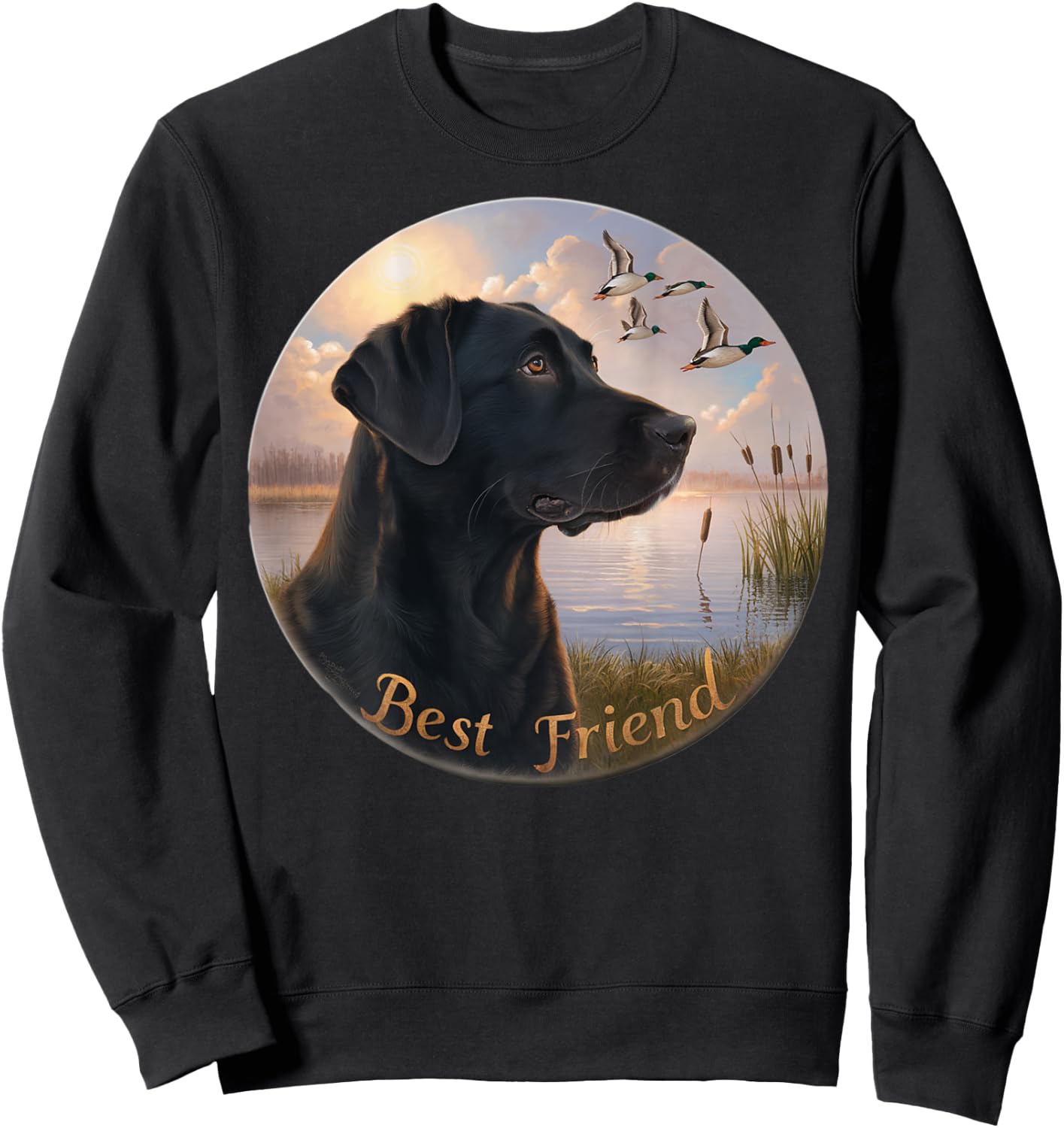 BACK PRINT. Hunting black labrador dog and geese with ducks Sweatshirt - Sweatshirt | Black