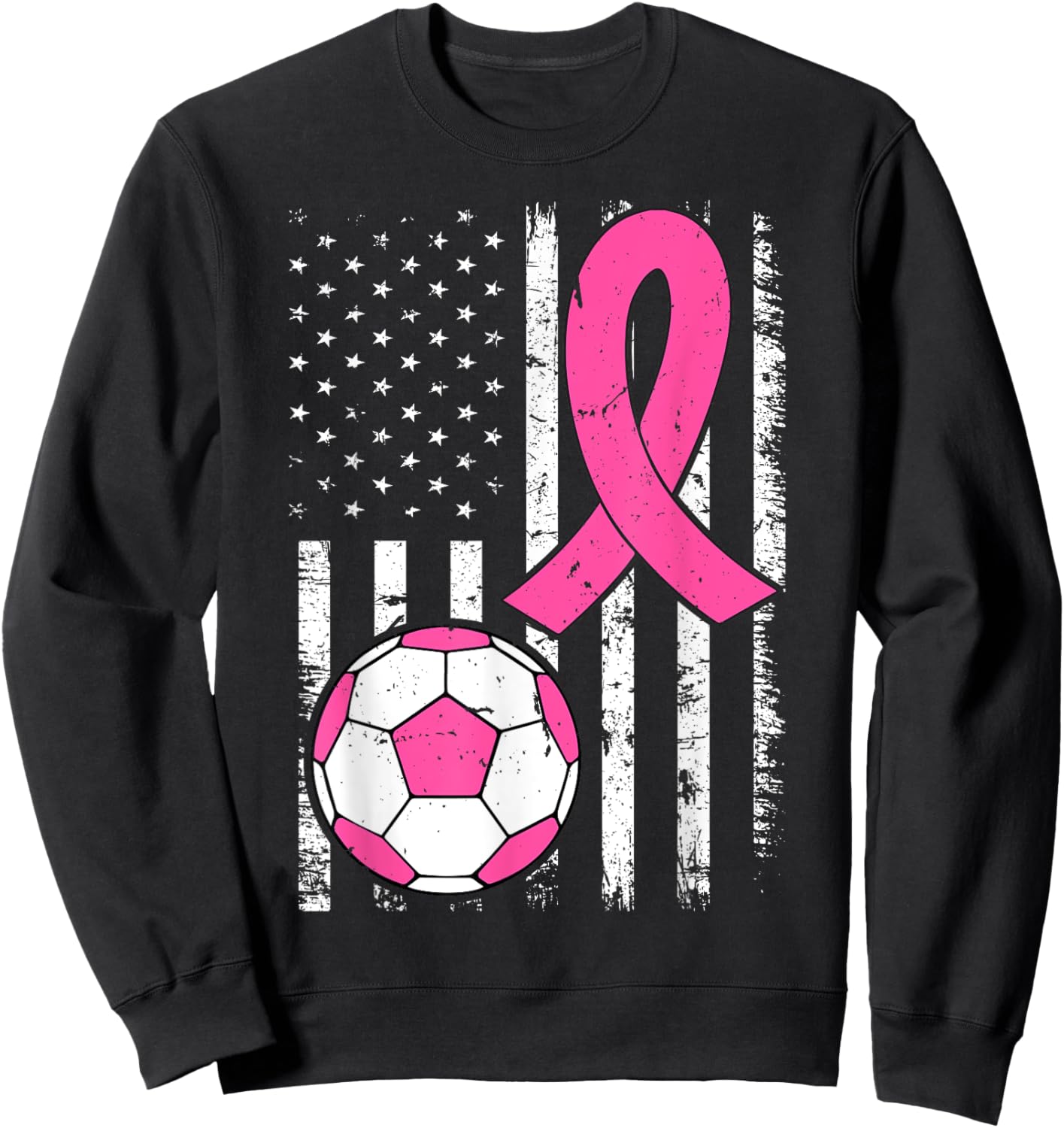 Soccer Ball Ribbon US Flag Breast Cancer Awareness Pink Sweatshirt - Sweatshirt | Black