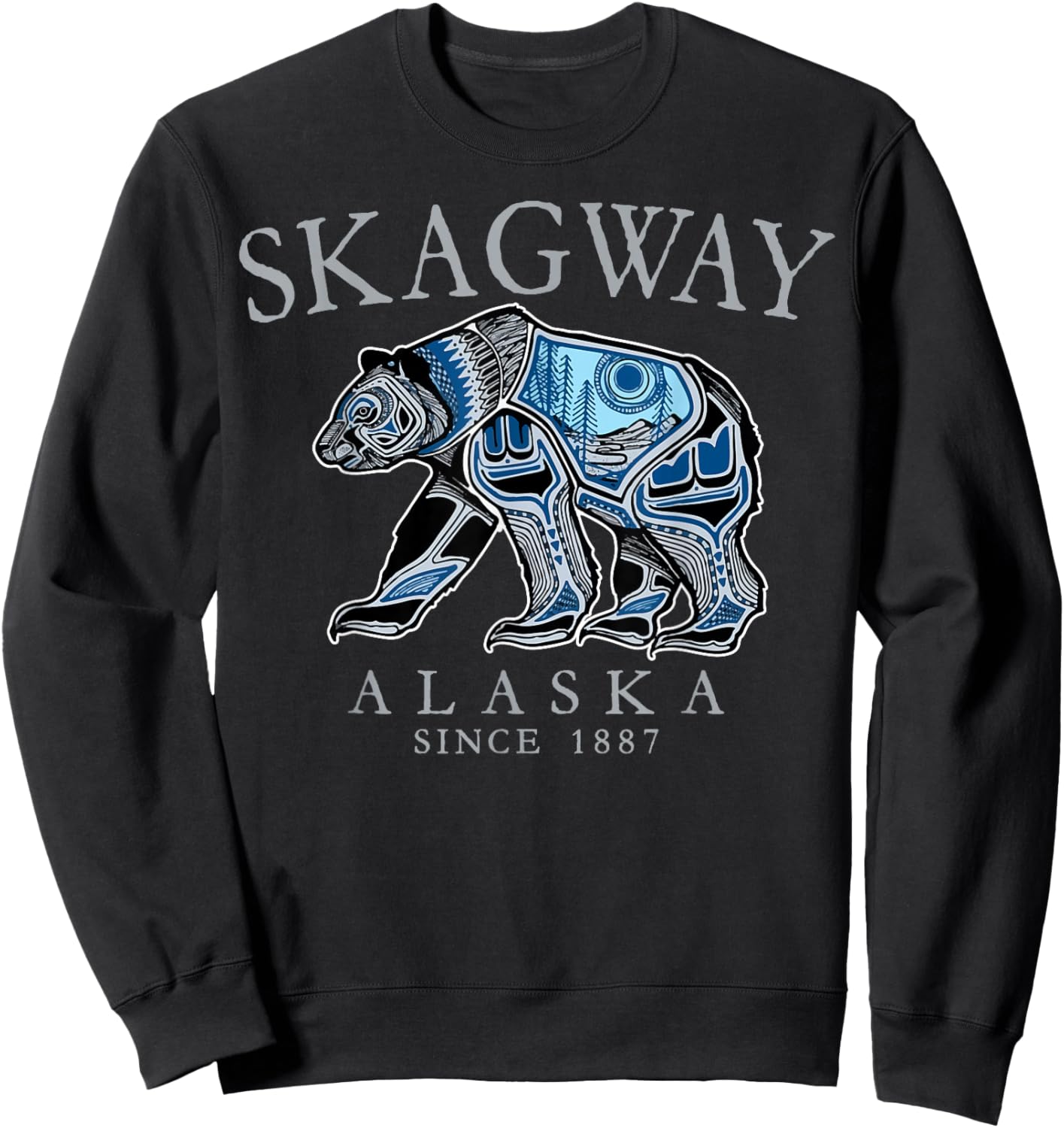 Skagway Alaska Tribal Art Bear Since 1887 Grey Letters Sweatshirt - Sweatshirt | Black