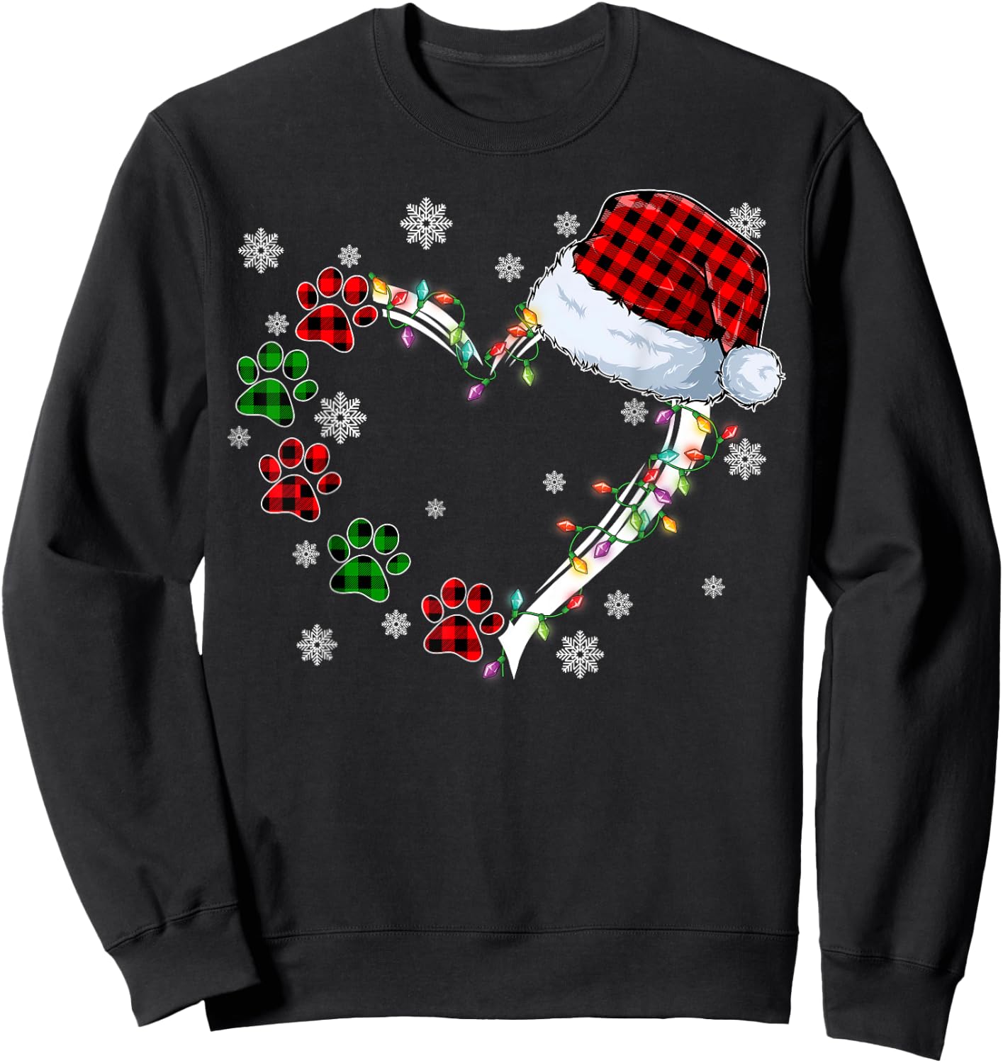 Funny Dog Cat Paws Print Heart Santa Hat Christmas Pajamas Sweatshirt - Sweatshirt | Black