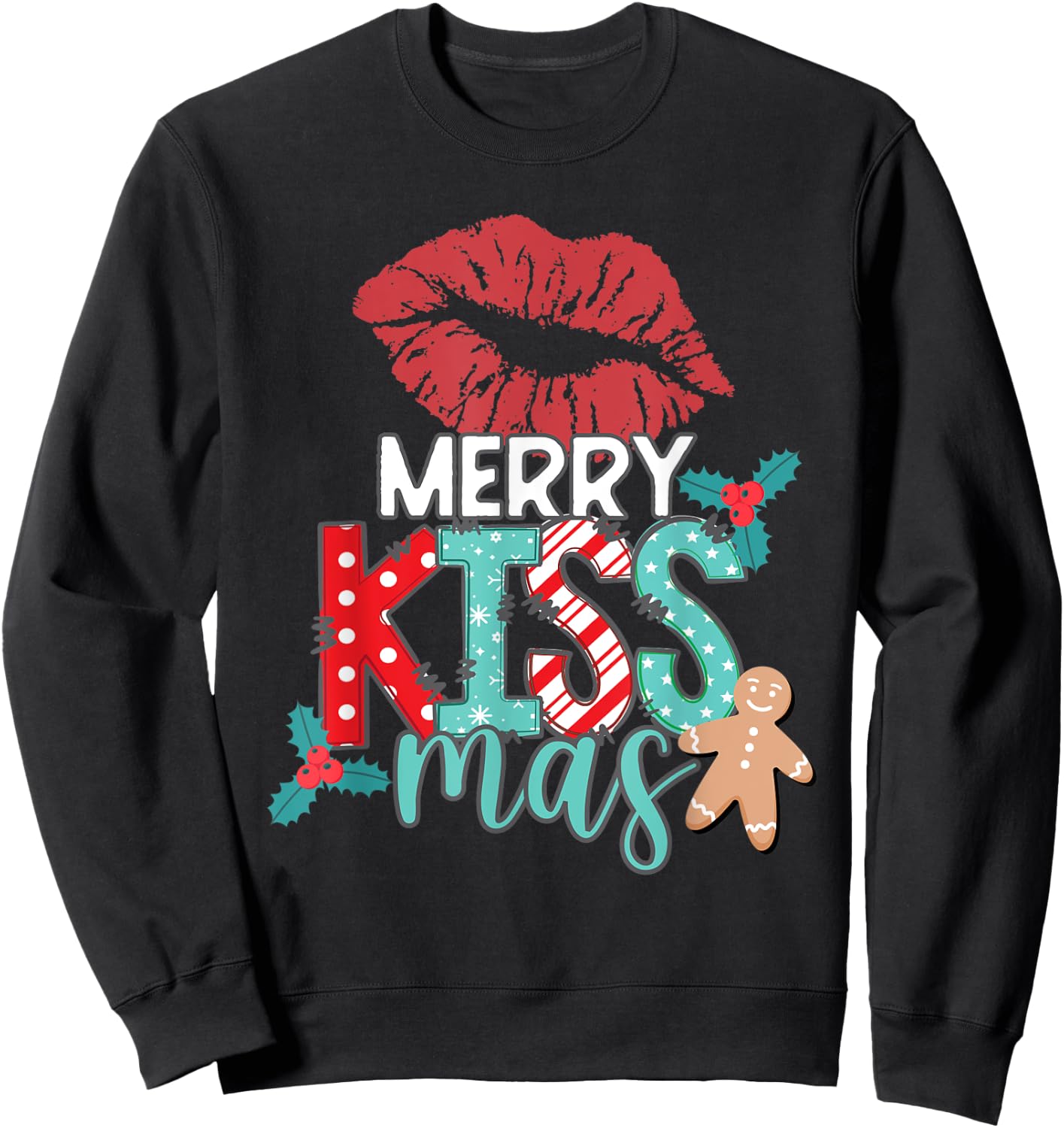 MERRY KISS-MAS Christmas Red Lips Holiday Kisses Love Xmas Sweatshirt - Sweatshirt | Black