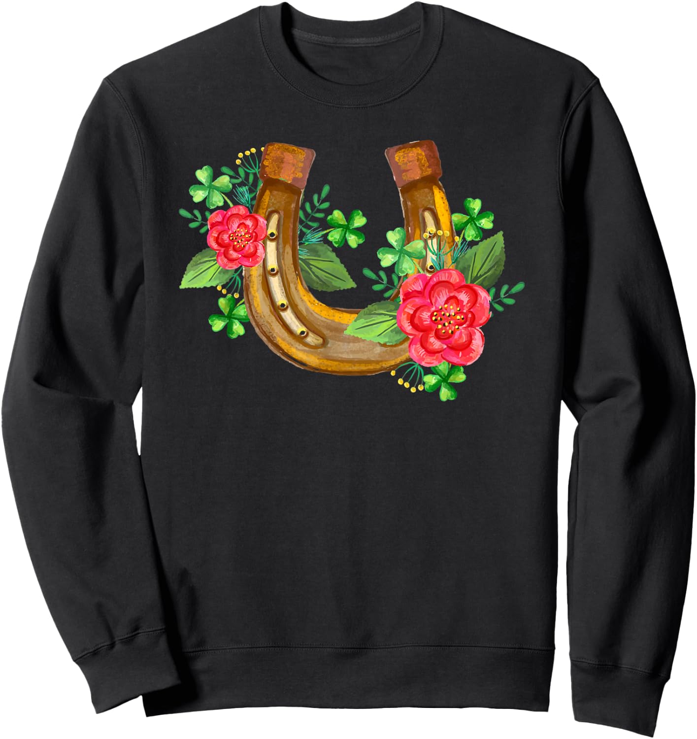 Good Luck Horseshoe Shamrock Horse Lover St. Patrick's Day Sweatshirt - Sweatshirt | Black