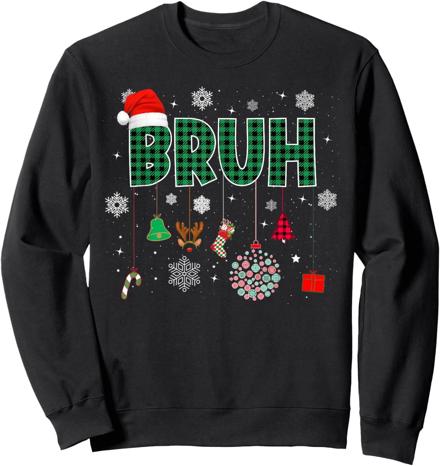 Bruh Christmas Green Plaid Boys Kids Girls Xmas Pajamas Sweatshirt - Sweatshirt | Black