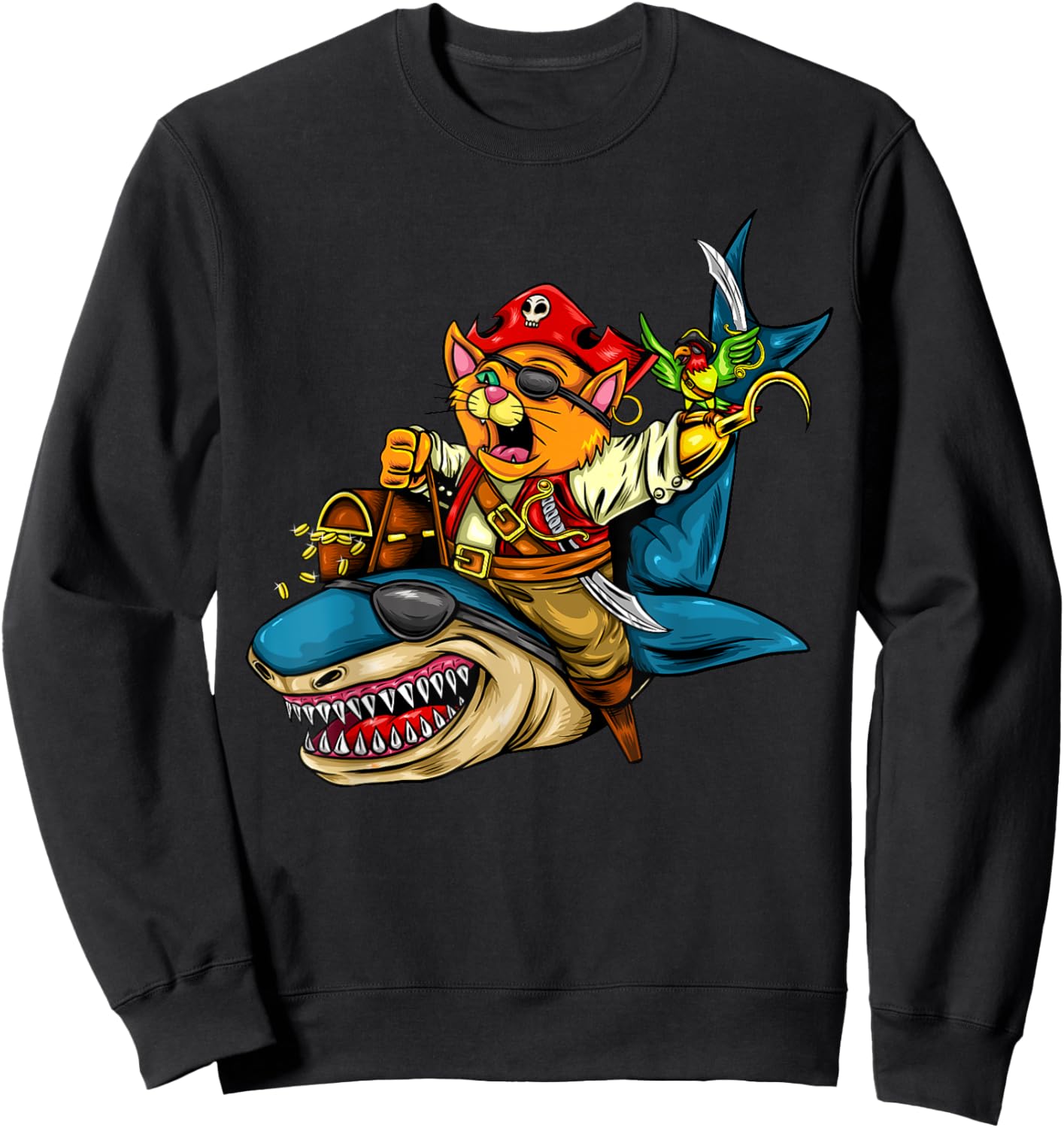 Pirate Cat Riding Pirate Shark Halloween Women Kids Sweatshirt - Sweatshirt | Black