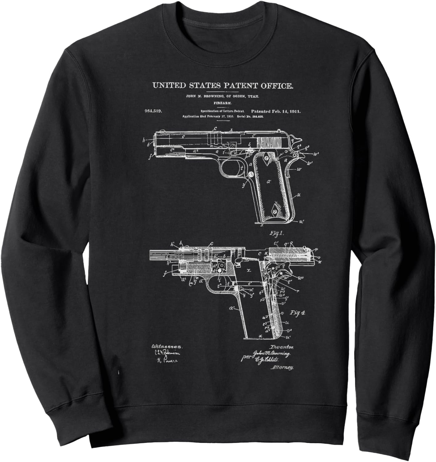 1911 Retro Vintage Handgun Diagram Blueprint Pistol 45ACP Sweatshirt - Sweatshirt | Black