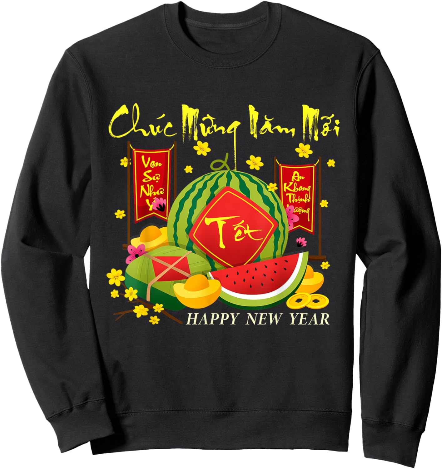 Happy Vietnamese Lunar New Year Wishes Chuc Mung Nam Moi -Adults Black Short Sleeve Classic Fit Cotton Blend Sweatshirt - Sweatshirt | Black