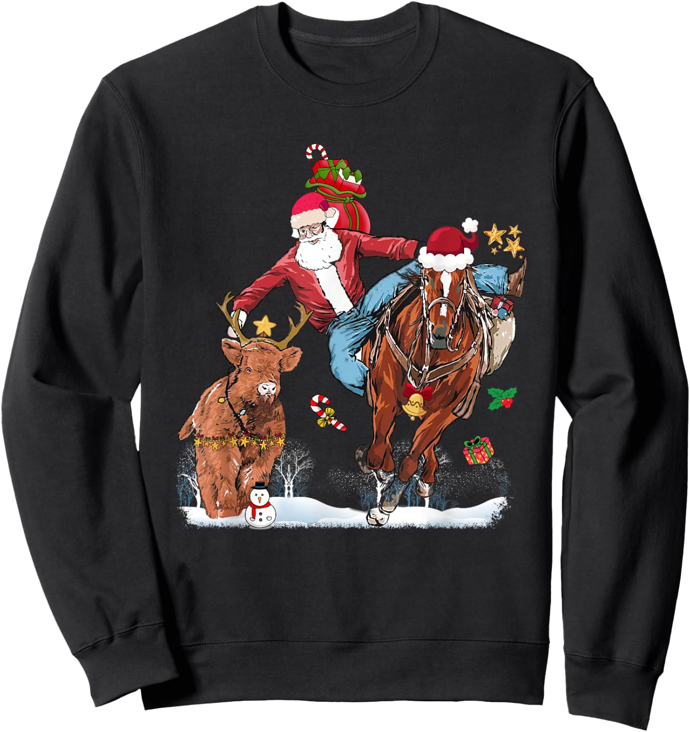 Cowboy Santa Bulldogging Western Cowboy Xmas Funny Christmas Sweatshirt - Sweatshirt | Black