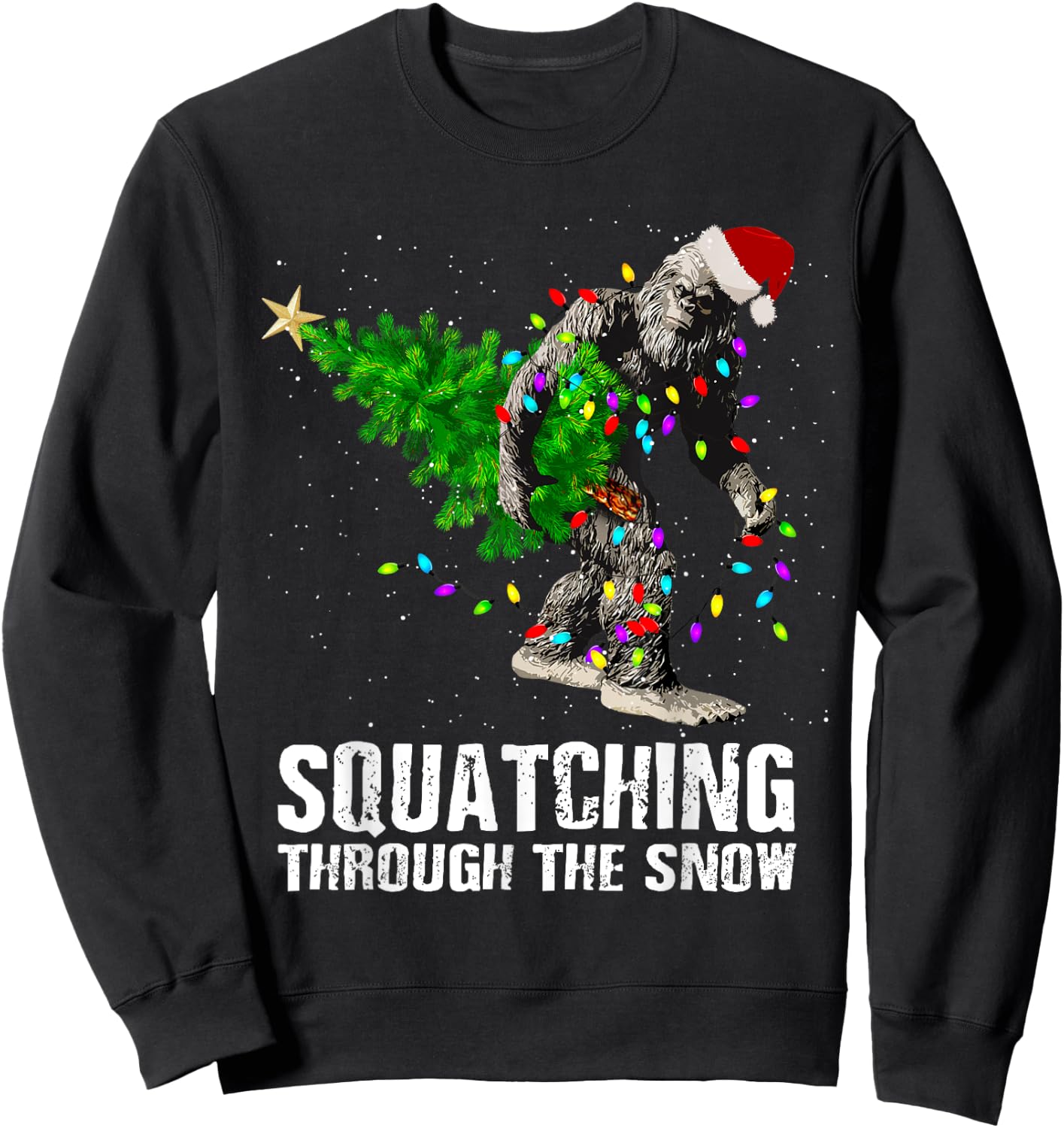 Bigfoot Squatching Through the Snow Christmas Tree T Shirt Sweatshirt - Sweatshirt | Black