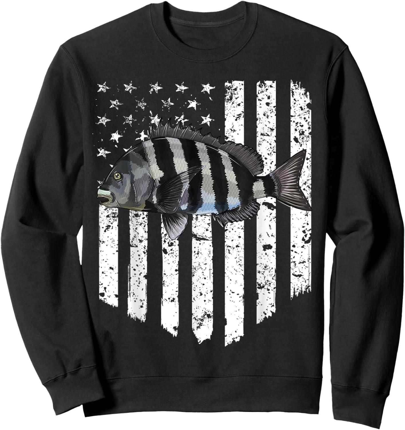 Black White American Flag Sheepshead 4th Of July Fish Sweatshirt - Sweatshirt | Black