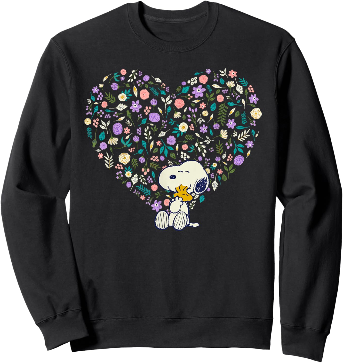 Peanuts Snoopy & Woodstock Hug Floral Heart Sweatshirt - Sweatshirt | Black