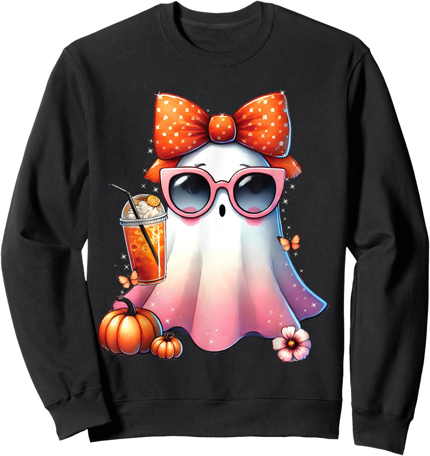 Cute Ghost Drinking Coffee With Halloween Bow Women Girls Sweatshirt - Sweatshirt | Black