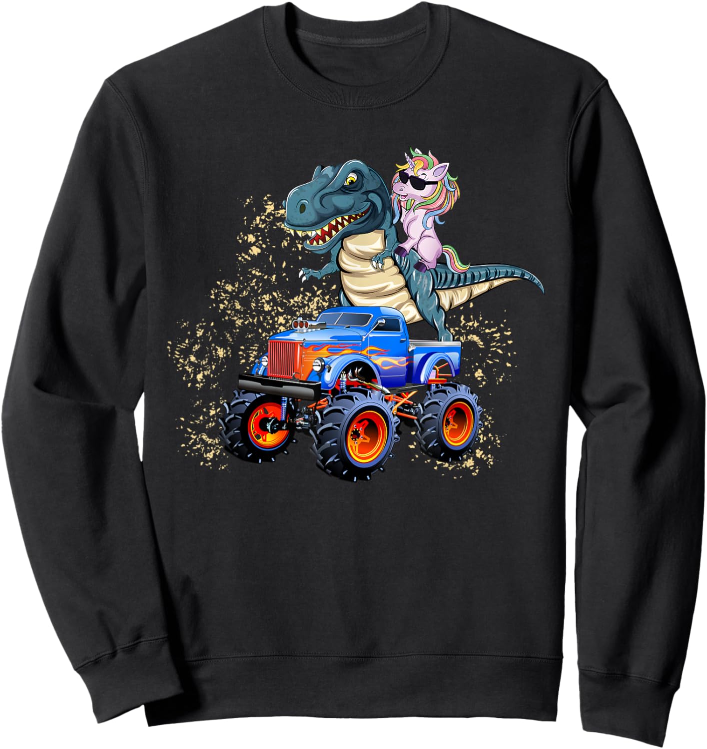 Unicorn Riding T rex Monster Truck Boys Girls Unicorn Sweatshirt - Sweatshirt | Black