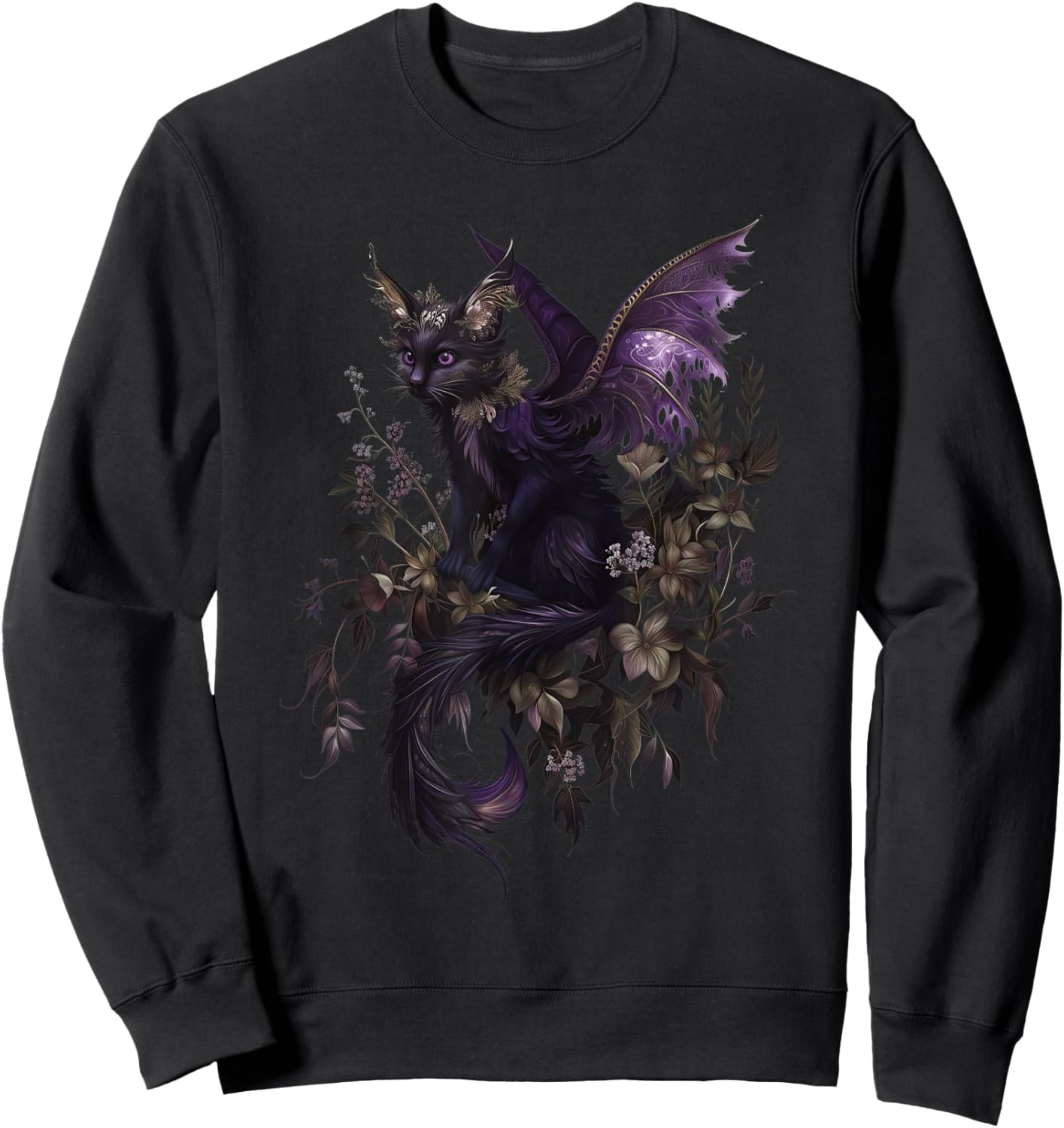Enchanted Purple Cat Dragon Fairy Fantasy Art Sweatshirt - Sweatshirt | Black