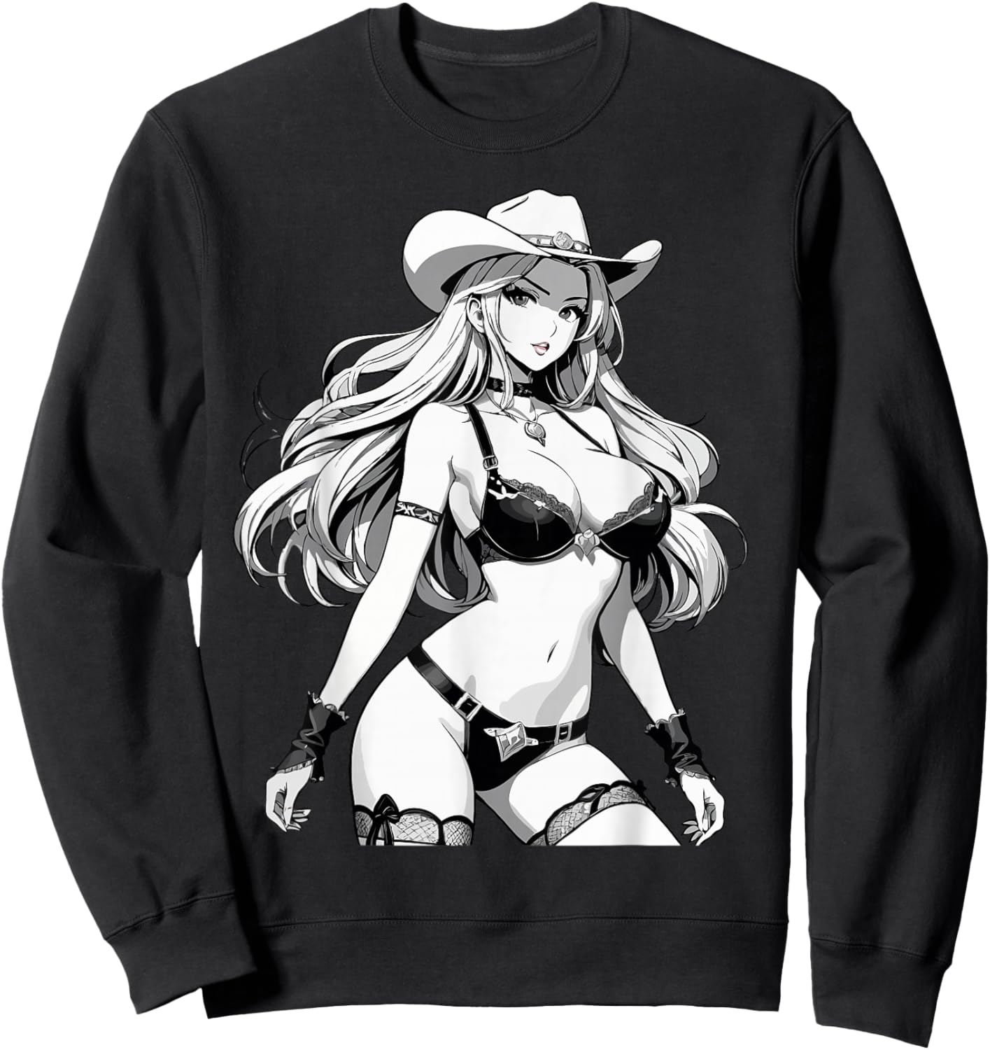 Sexy Waifu Anime Cowgirl Japanese in Black and White Art Sweatshirt - Sweatshirt | Black