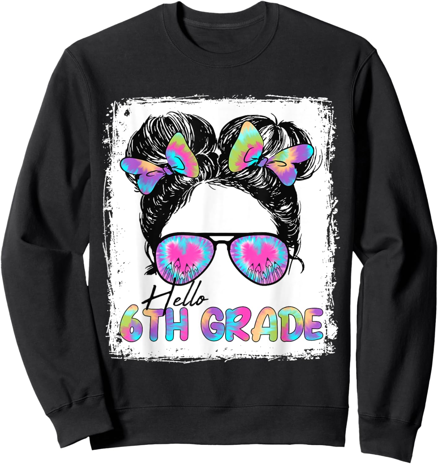 Hello 6th Grade Messy Hair Bun Girl Back To School First Day Sweatshirt - Sweatshirt | Black