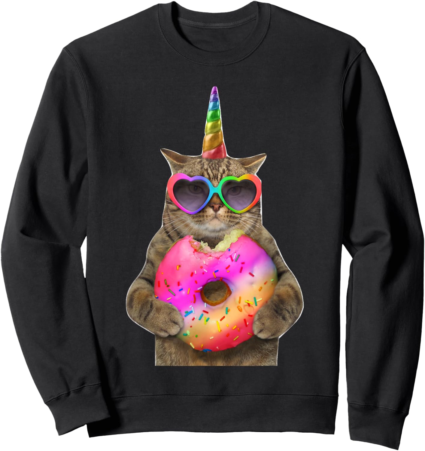 Humor cat with donut, Funny cat bites donut Women Kids Sweatshirt - Sweatshirt | Black