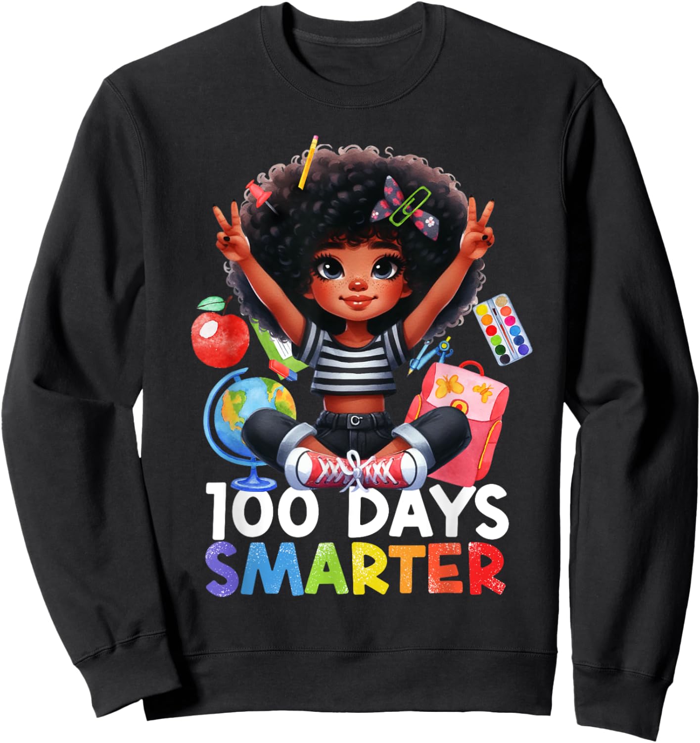 100th Day of School Afro Girls Messy Bun Hair Funny Girls Sweatshirt - Sweatshirt | Black