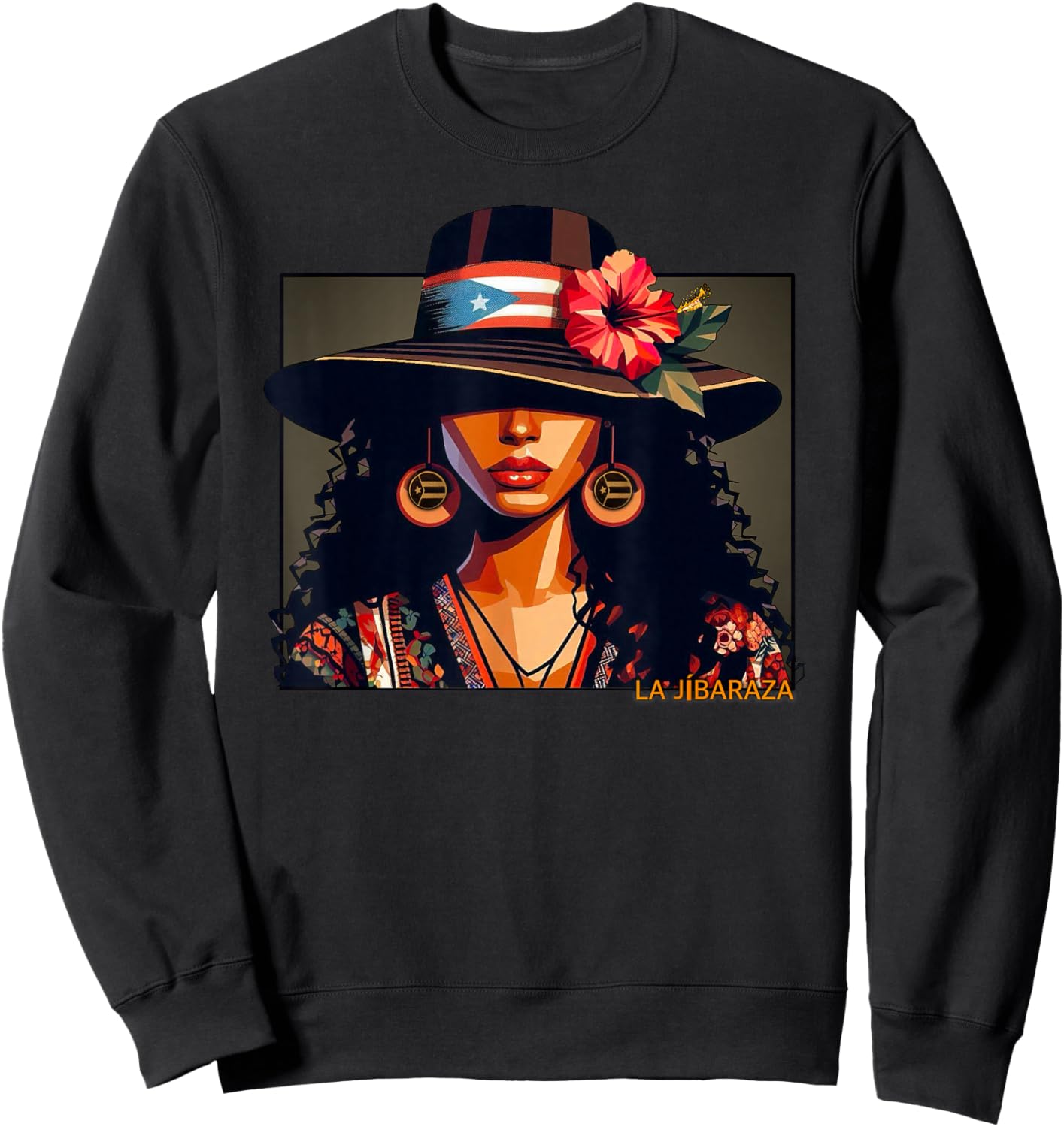 Jibara, Boricua Flag, Puerto Rican Hibiscus Flower Sweatshirt - Sweatshirt | Black