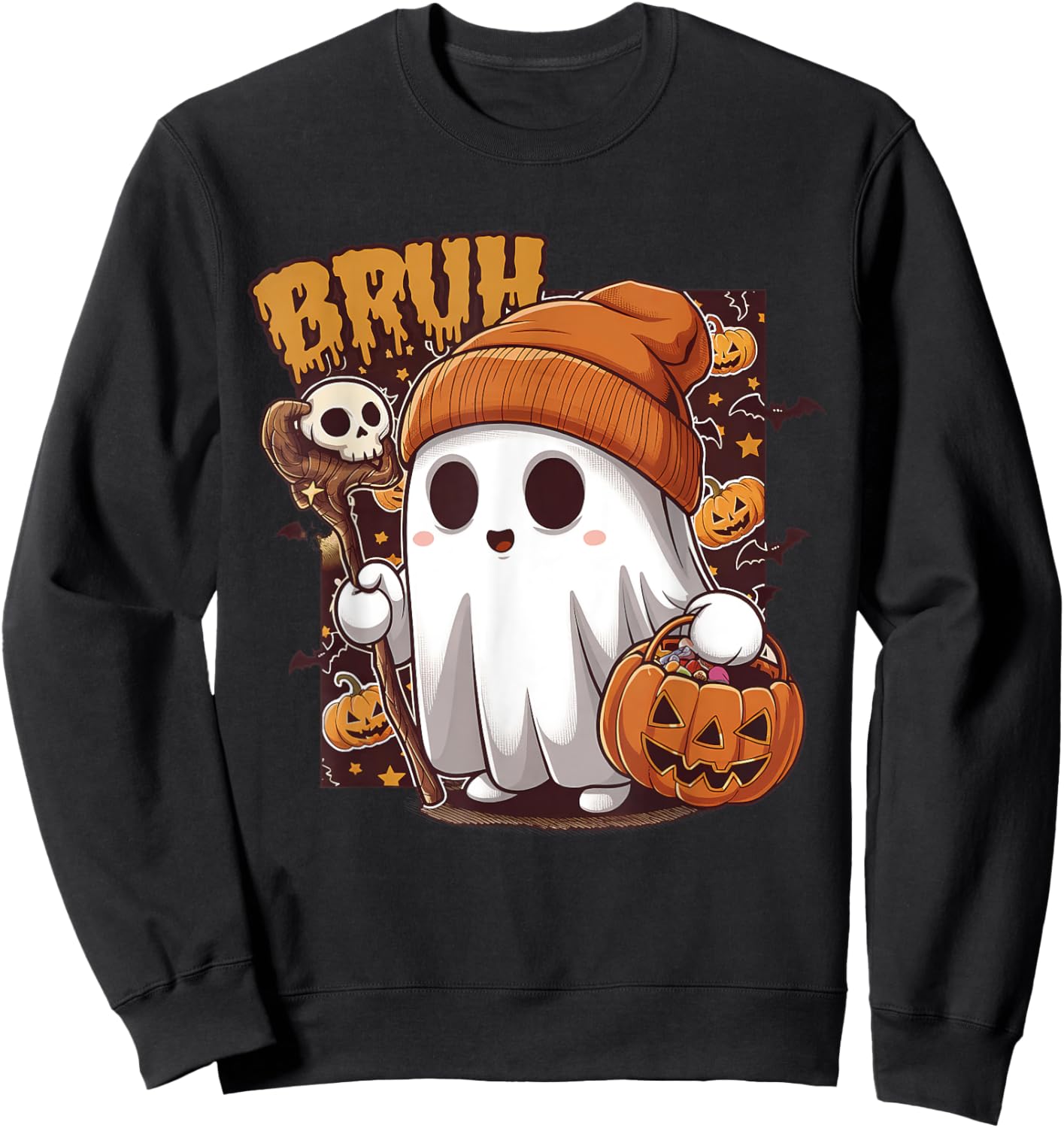 Bruh Ghost Happy Halloween Trick Or Treat Pumpkin Candy Kids Sweatshirt - Sweatshirt | Black